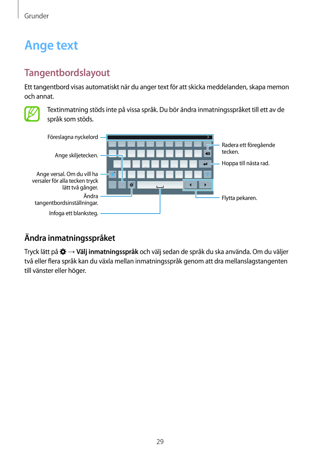 Samsung SM-T700NZWANEE, SM-T700NTSANEE, SM-T700NLSANEE manual Ange text, Tangentbordslayout, Ändra inmatningsspråket 