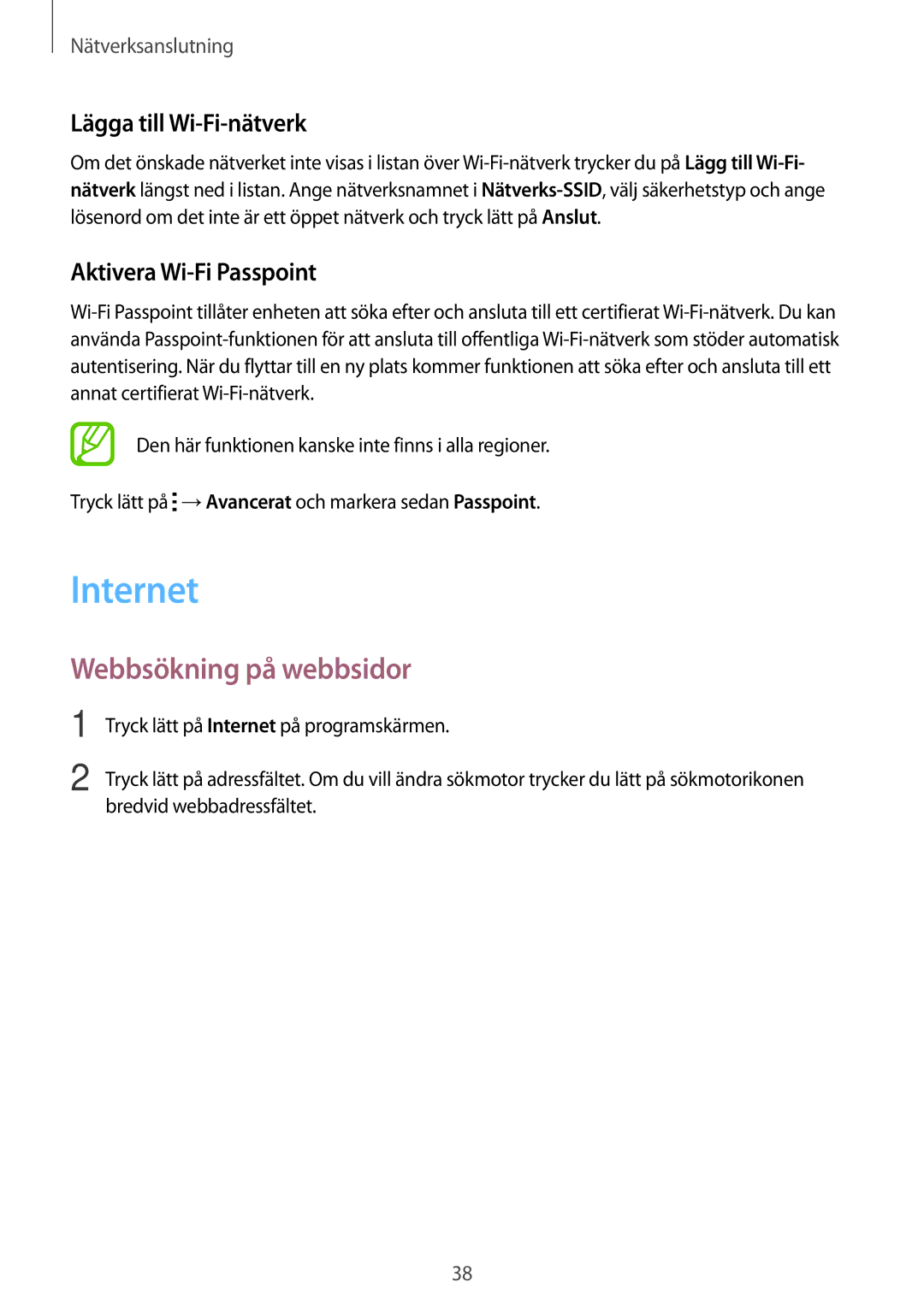 Samsung SM-T700NLSANEE manual Internet, Webbsökning på webbsidor, Lägga till Wi-Fi-nätverk, Aktivera Wi-Fi Passpoint 