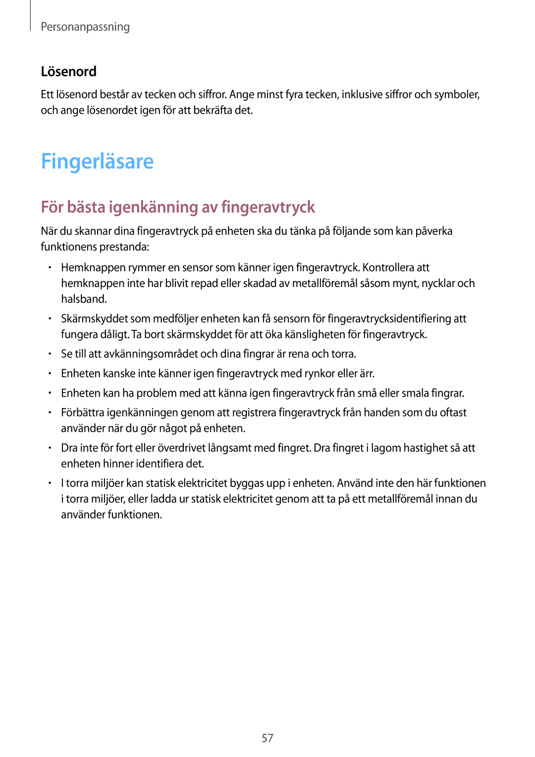 Samsung SM-T700NZWANEE, SM-T700NTSANEE, SM-T700NLSANEE manual Fingerläsare, För bästa igenkänning av fingeravtryck, Lösenord 