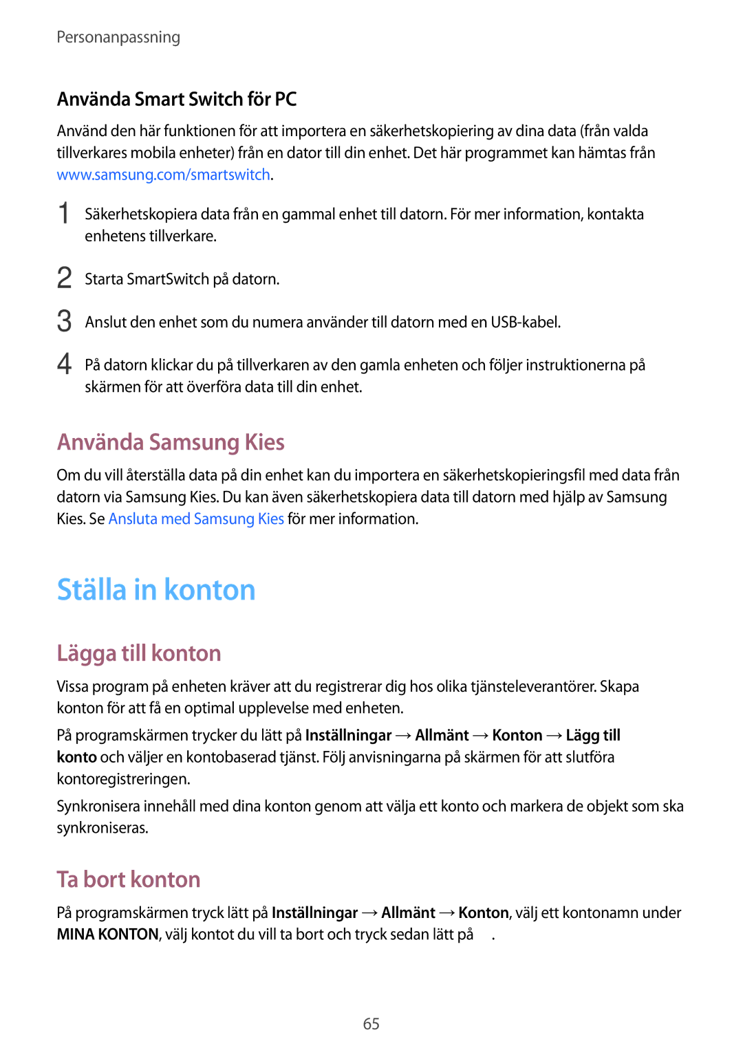 Samsung SM-T700NZWANEE, SM-T700NTSANEE manual Ställa in konton, Använda Samsung Kies, Lägga till konton, Ta bort konton 