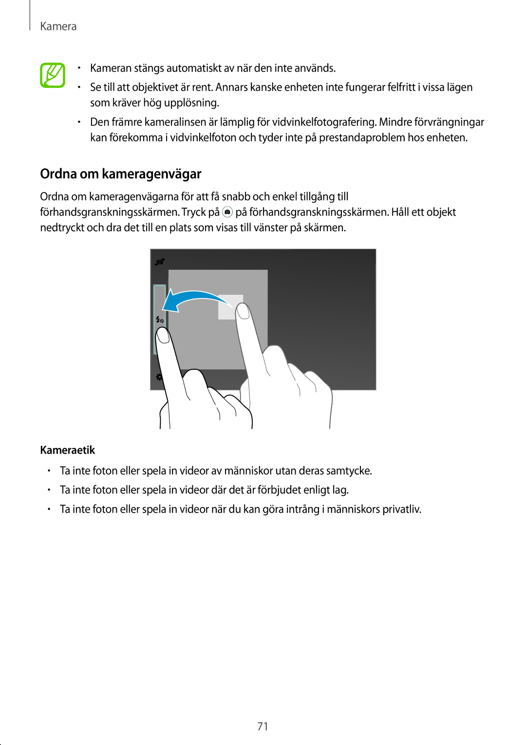 Samsung SM-T700NHAANEE, SM-T700NTSANEE, SM-T700NZWANEE, SM-T700NLSANEE manual Ordna om kameragenvägar, Kameraetik 