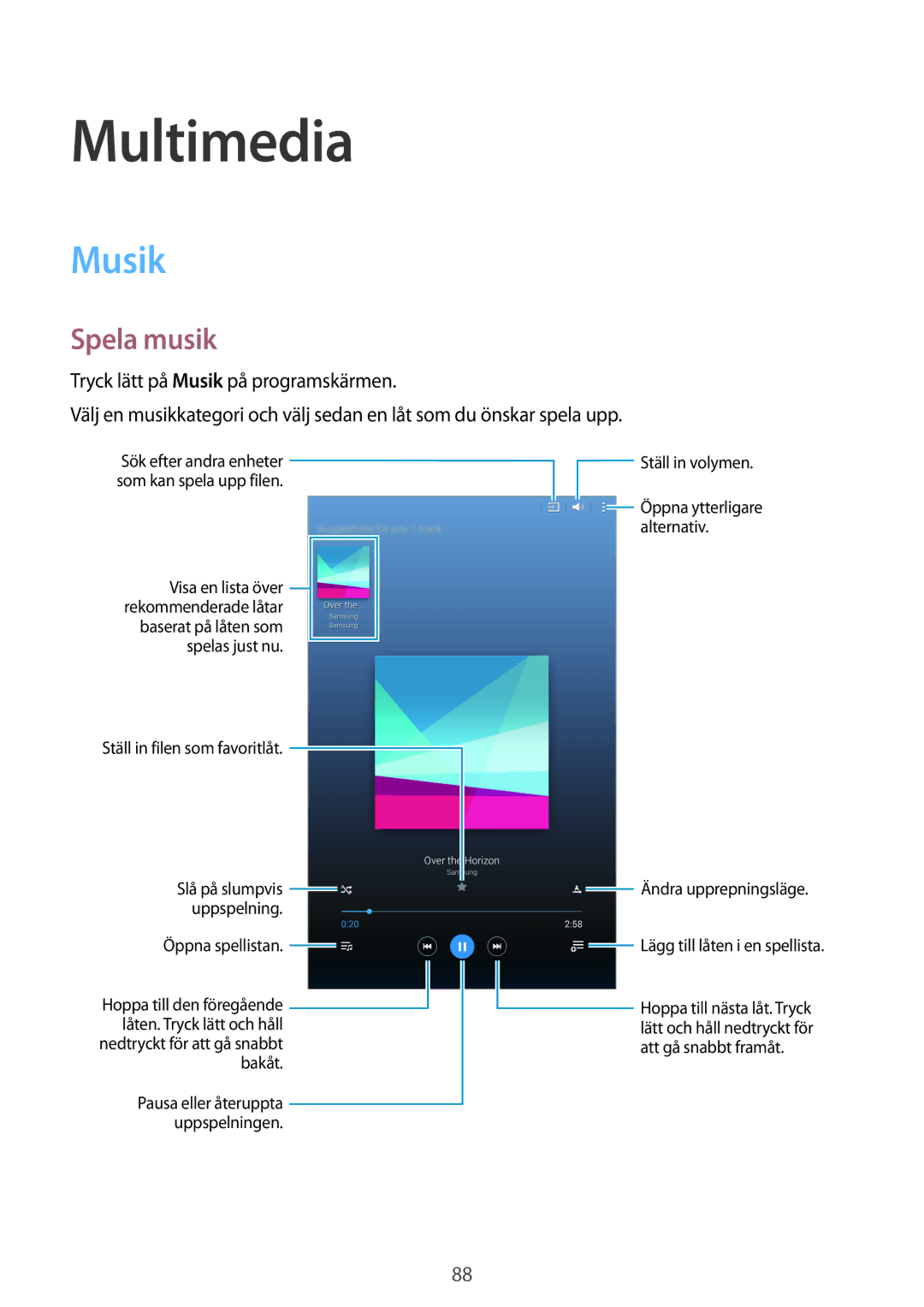 Samsung SM-T700NTSANEE, SM-T700NZWANEE, SM-T700NLSANEE, SM-T700NHAANEE manual Multimedia, Musik, Spela musik 