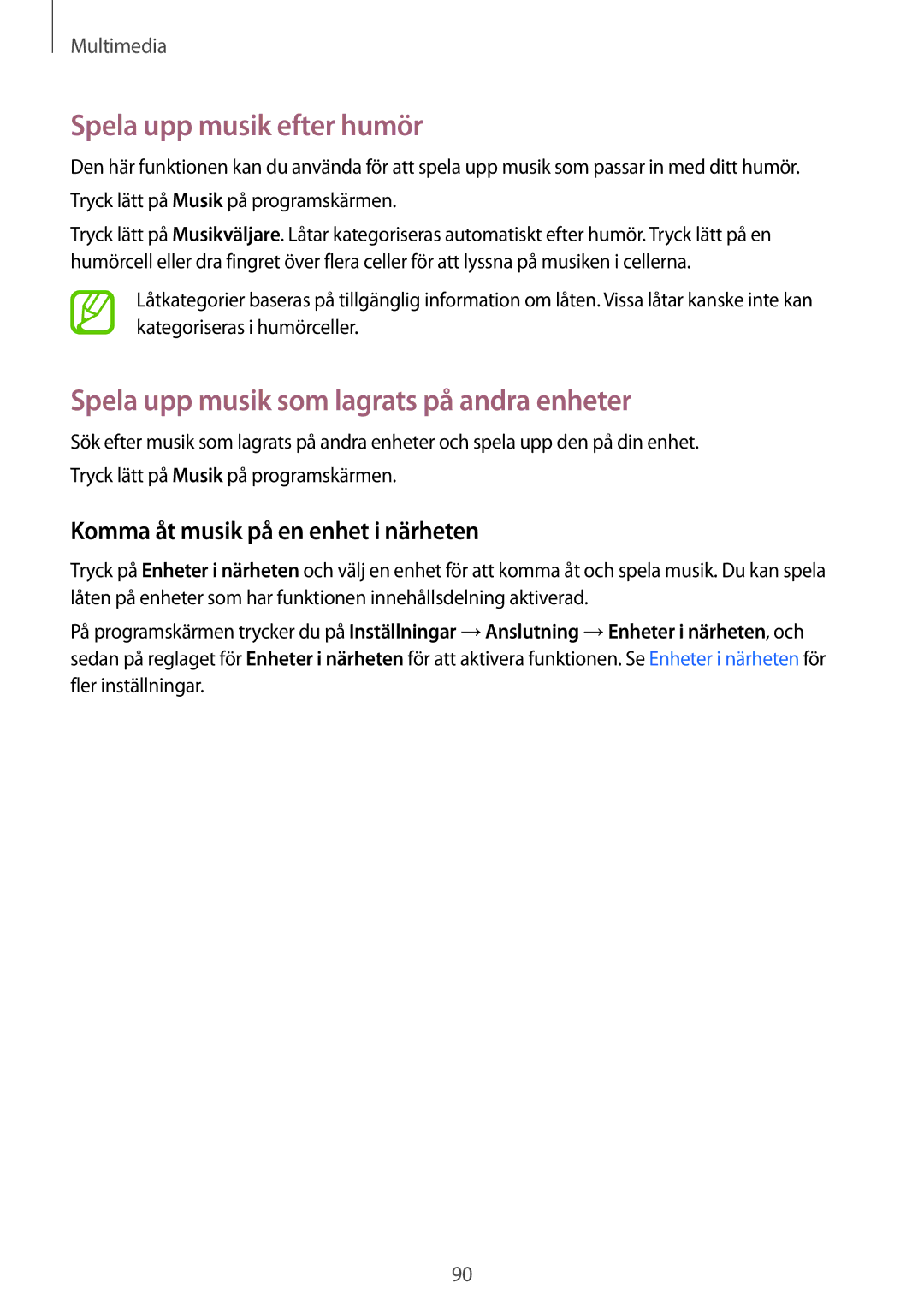 Samsung SM-T700NLSANEE, SM-T700NTSANEE manual Spela upp musik efter humör, Spela upp musik som lagrats på andra enheter 