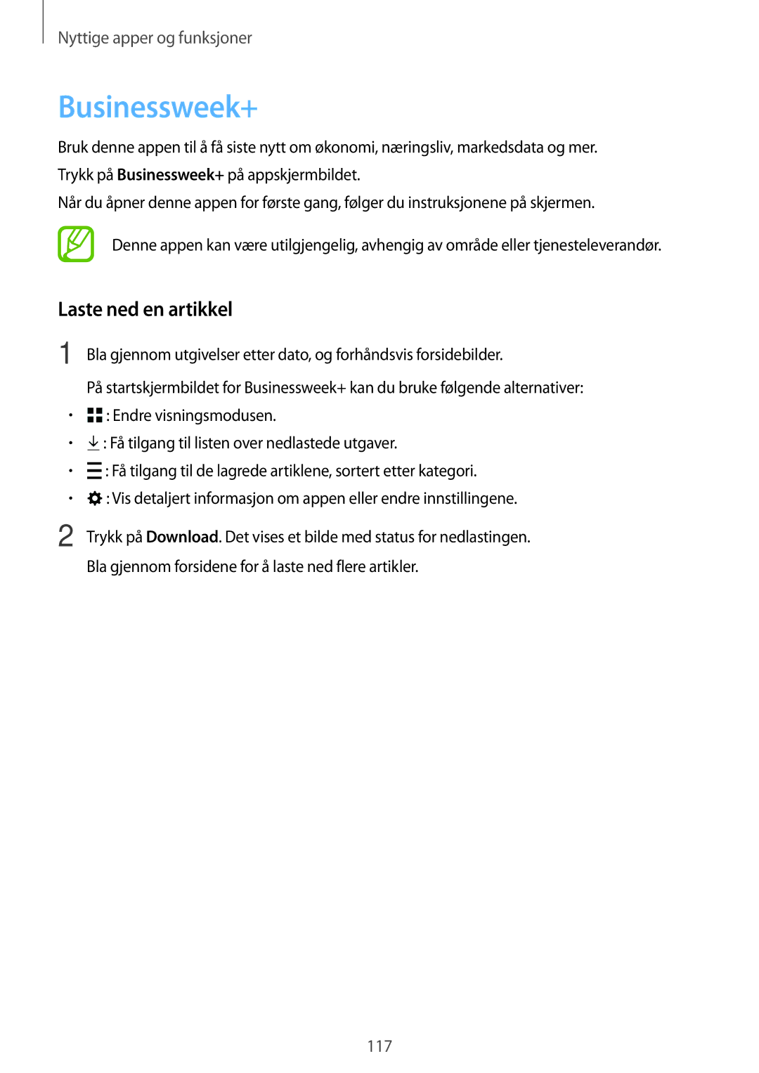 Samsung SM-T700NZWANEE, SM-T700NTSANEE, SM-T700NLSANEE, SM-T700NHAANEE manual Businessweek+, Laste ned en artikkel 