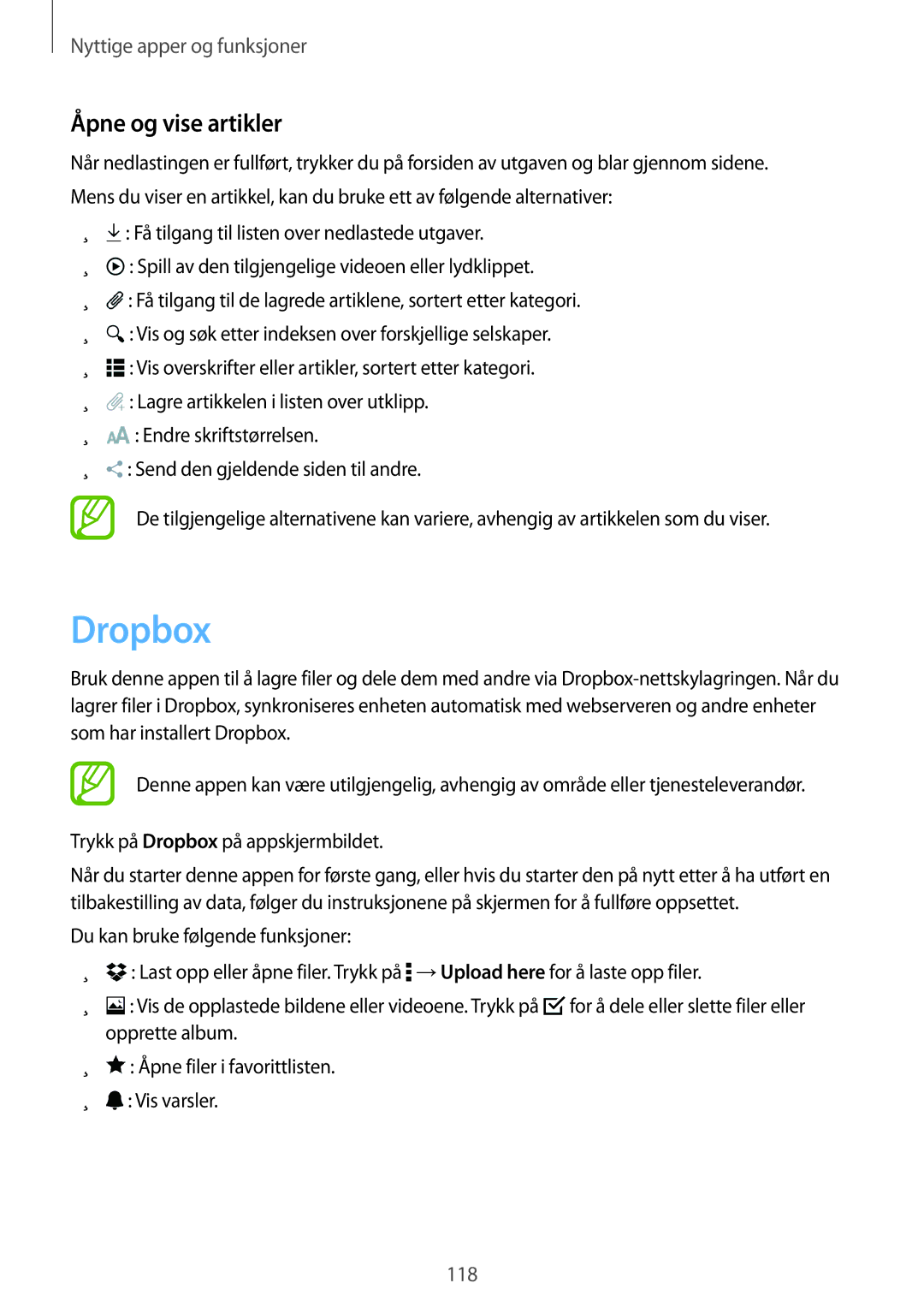 Samsung SM-T700NLSANEE, SM-T700NTSANEE, SM-T700NZWANEE, SM-T700NHAANEE manual Dropbox, Åpne og vise artikler 