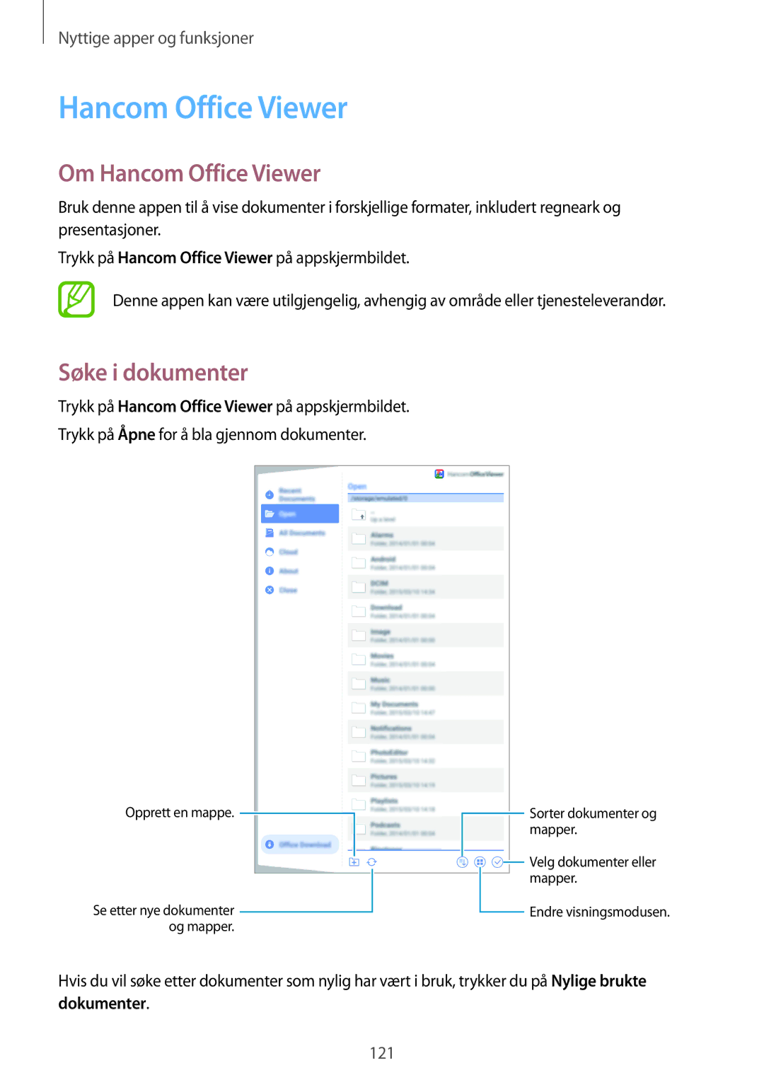Samsung SM-T700NZWANEE, SM-T700NTSANEE, SM-T700NLSANEE, SM-T700NHAANEE manual Om Hancom Office Viewer, Søke i dokumenter 