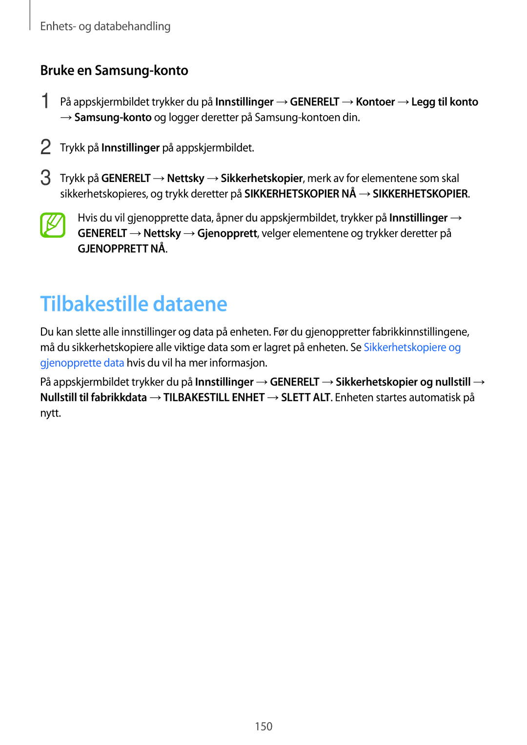 Samsung SM-T700NLSANEE, SM-T700NTSANEE, SM-T700NZWANEE, SM-T700NHAANEE manual Tilbakestille dataene, Bruke en Samsung-konto 