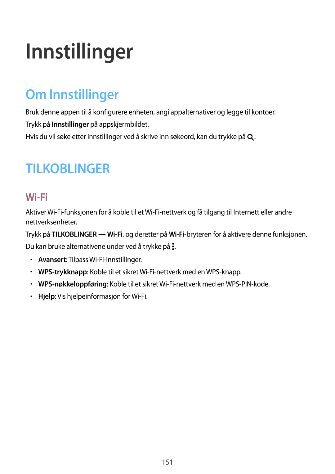 Samsung SM-T700NHAANEE, SM-T700NTSANEE, SM-T700NZWANEE, SM-T700NLSANEE manual Om Innstillinger 