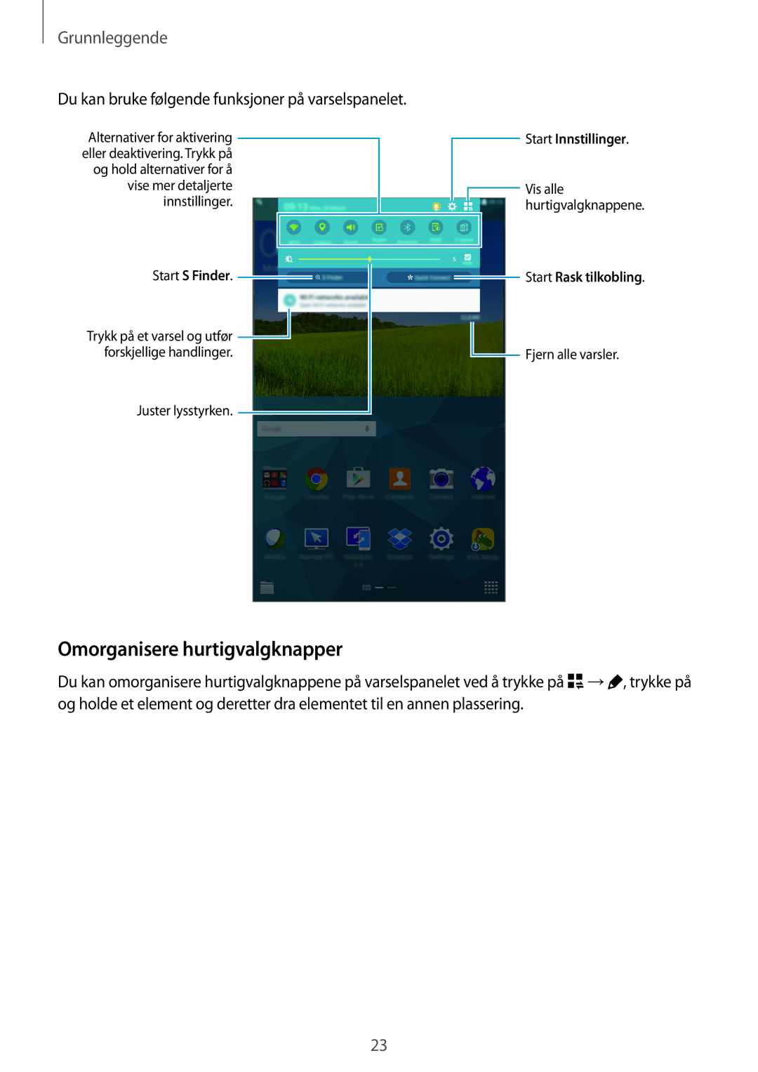 Samsung SM-T700NHAANEE, SM-T700NTSANEE Omorganisere hurtigvalgknapper, Du kan bruke følgende funksjoner på varselspanelet 