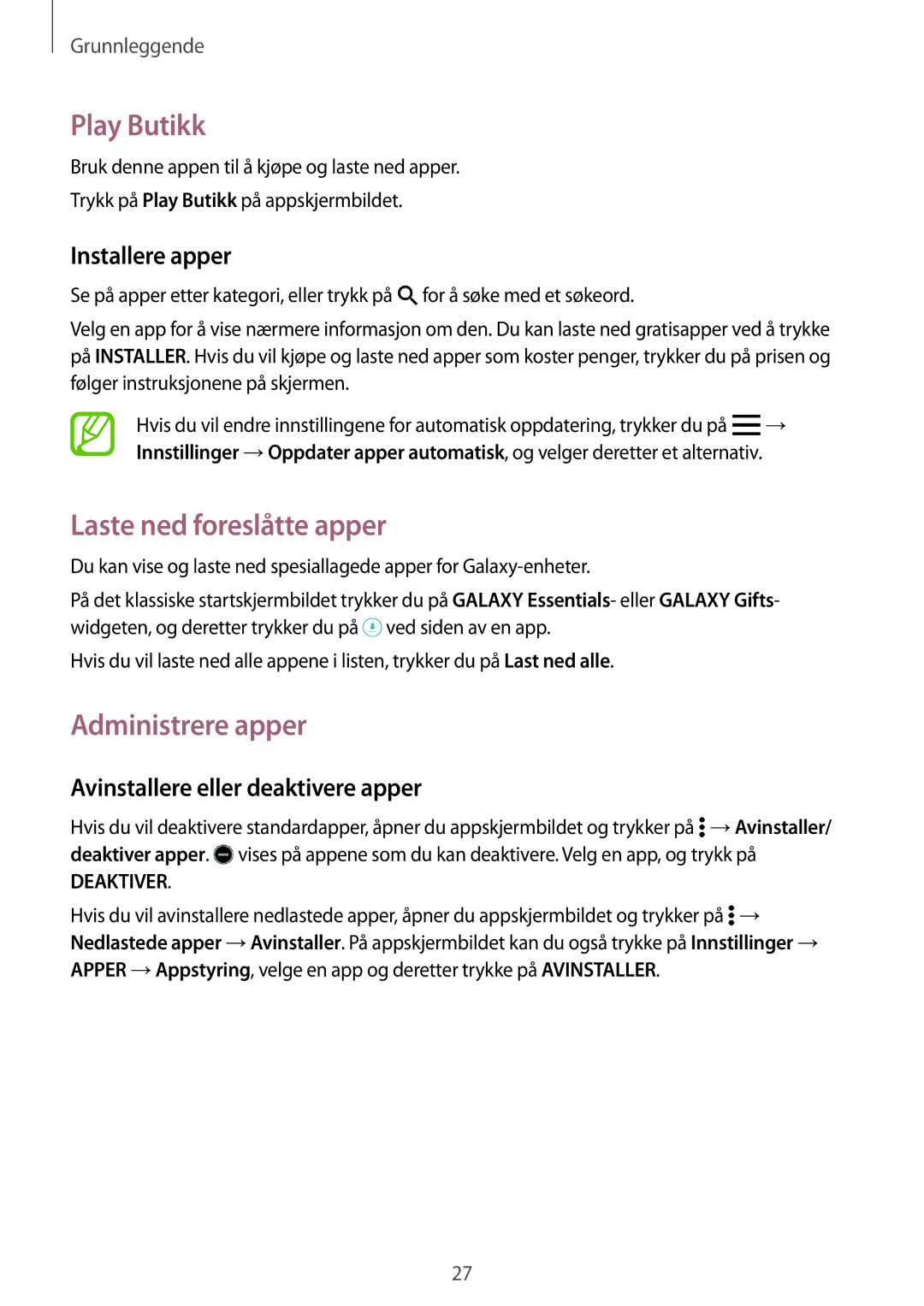 Samsung SM-T700NHAANEE Play Butikk, Laste ned foreslåtte apper, Administrere apper, Avinstallere eller deaktivere apper 