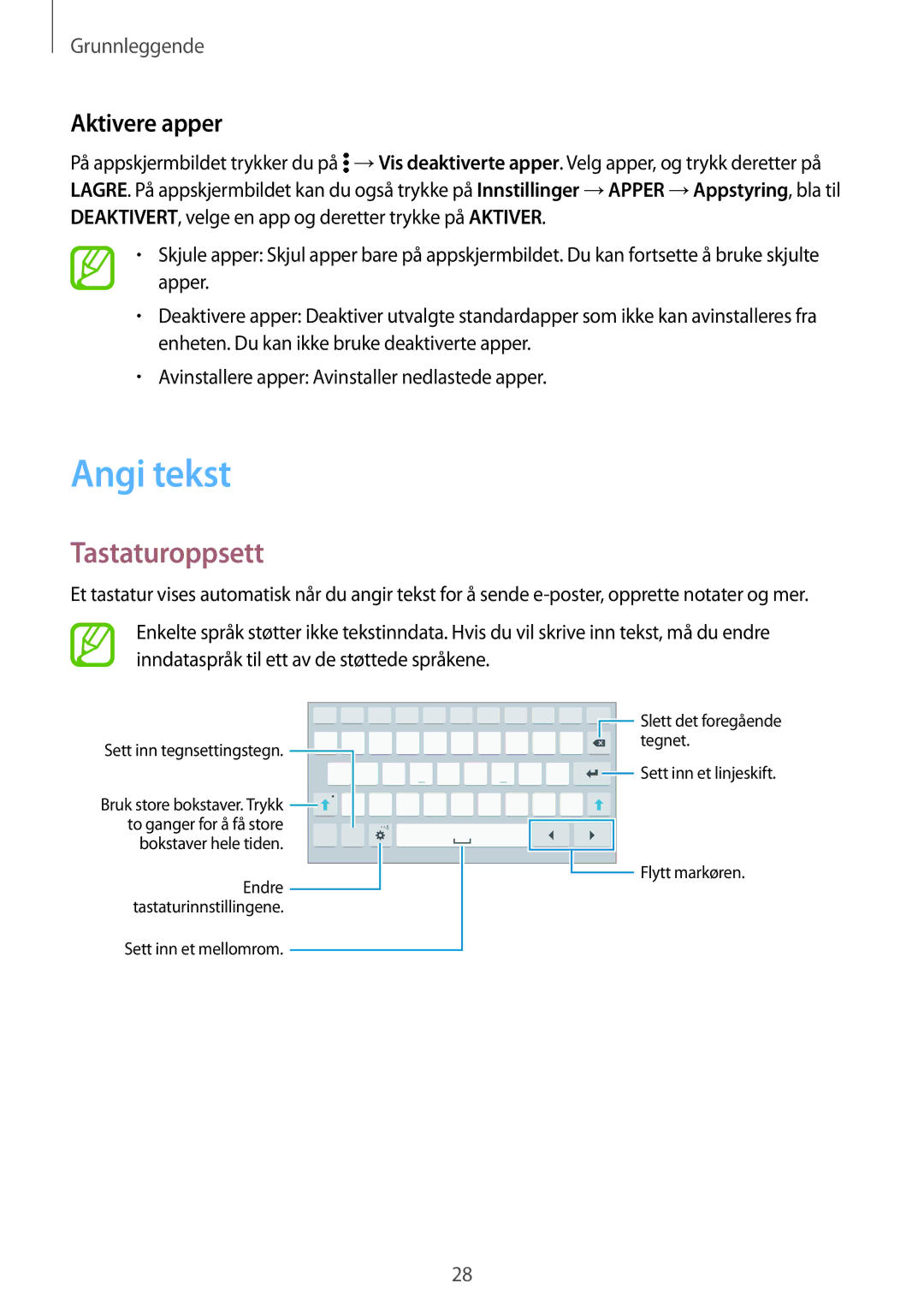 Samsung SM-T700NTSANEE, SM-T700NZWANEE, SM-T700NLSANEE, SM-T700NHAANEE manual Angi tekst, Tastaturoppsett, Aktivere apper 