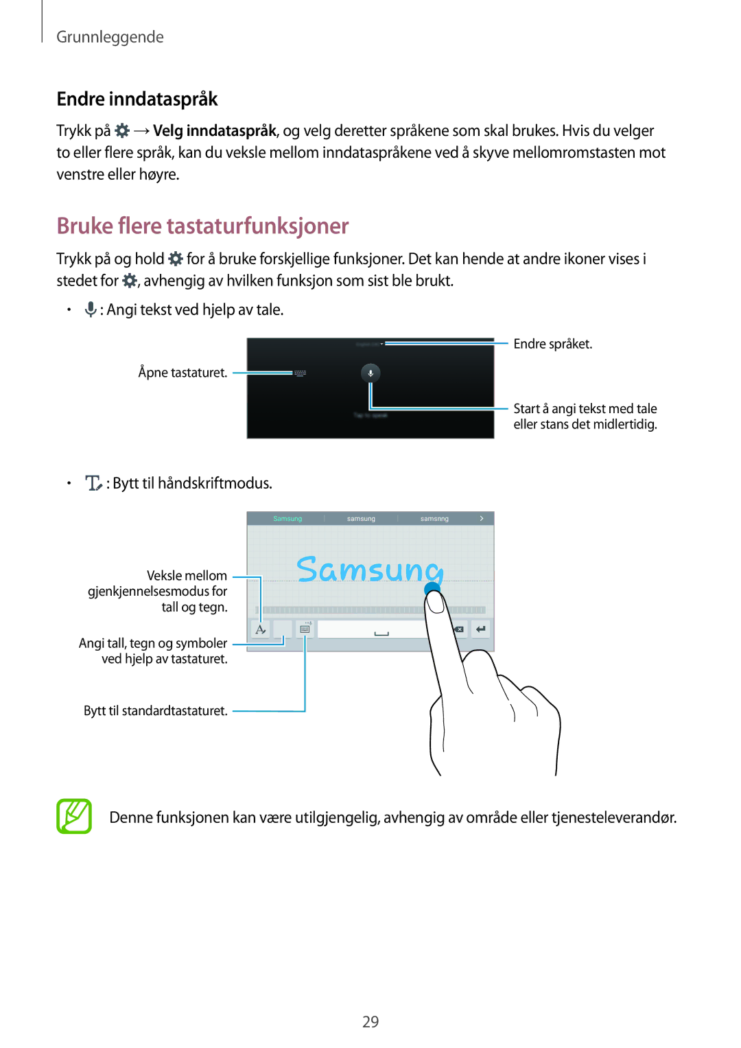 Samsung SM-T700NZWANEE, SM-T700NTSANEE manual Bruke flere tastaturfunksjoner, Endre inndataspråk, Bytt til håndskriftmodus 