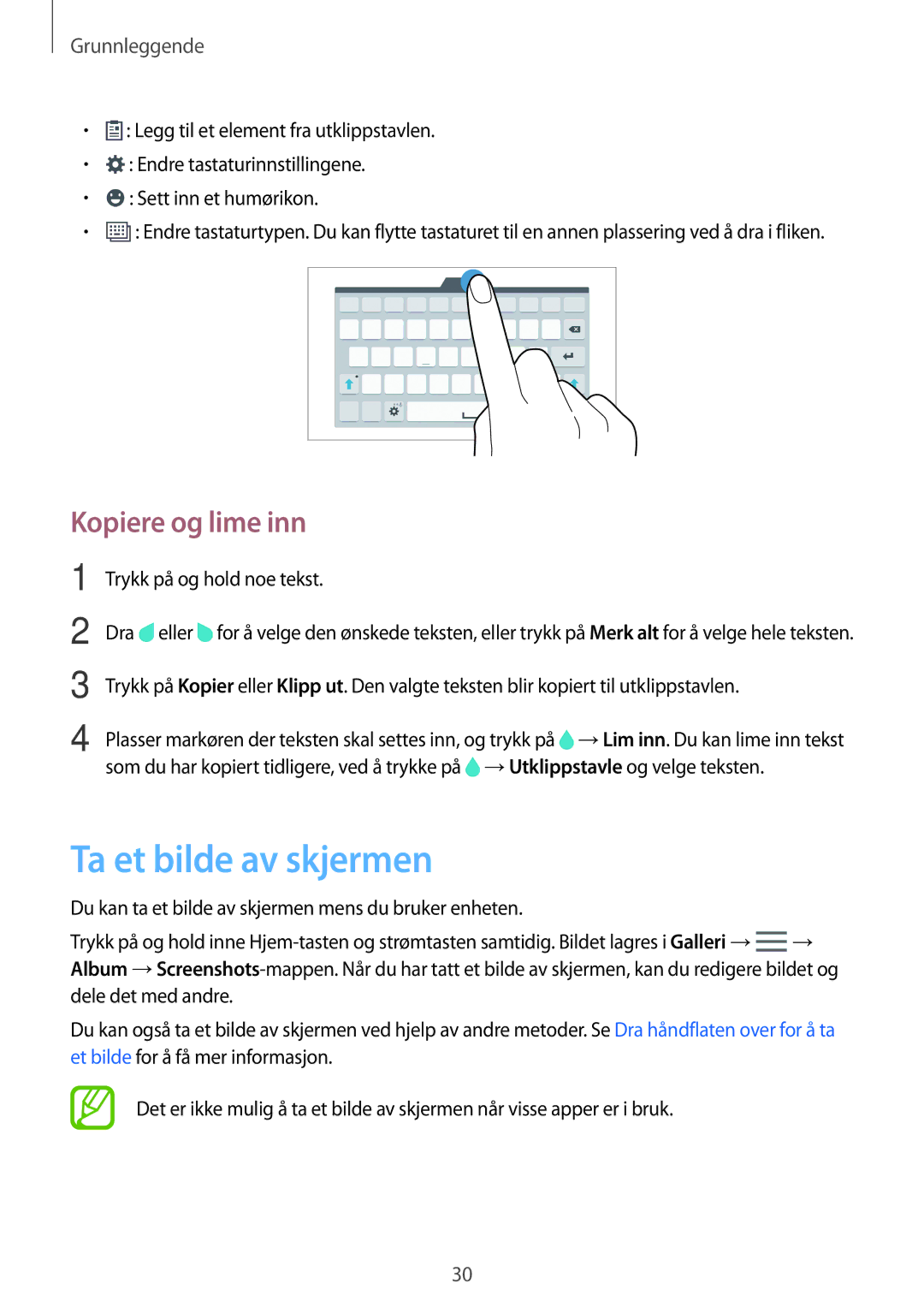 Samsung SM-T700NLSANEE, SM-T700NTSANEE manual Ta et bilde av skjermen, Kopiere og lime inn, Trykk på og hold noe tekst 