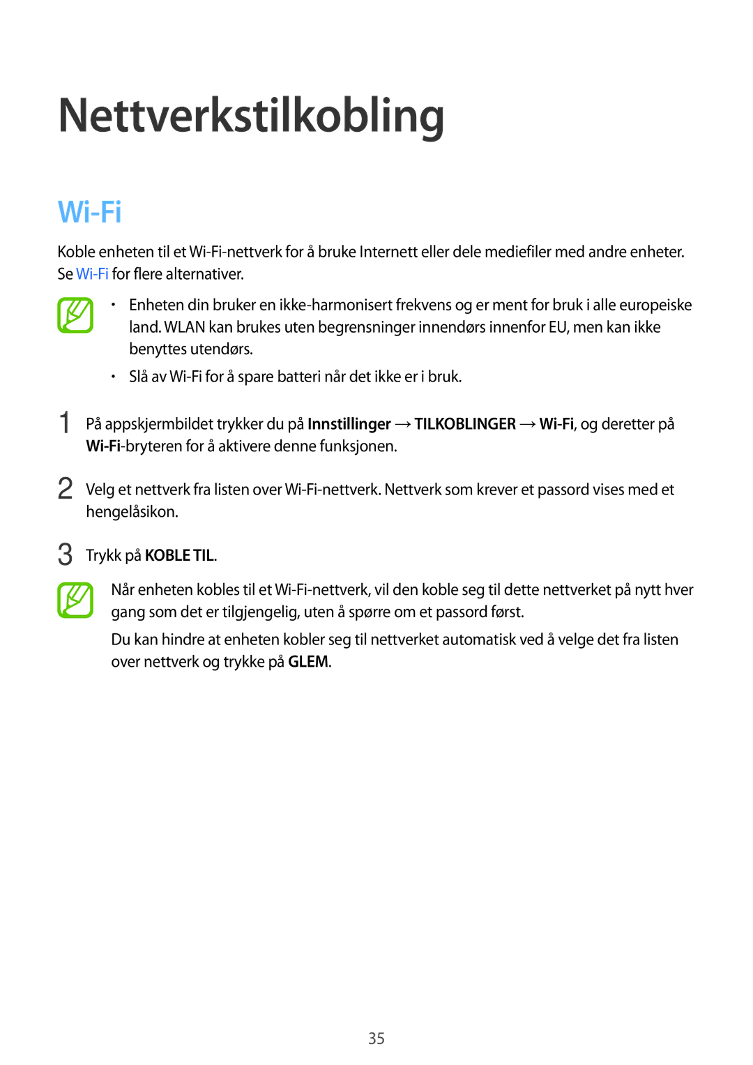 Samsung SM-T700NHAANEE, SM-T700NTSANEE, SM-T700NZWANEE, SM-T700NLSANEE manual Nettverkstilkobling, Wi-Fi 