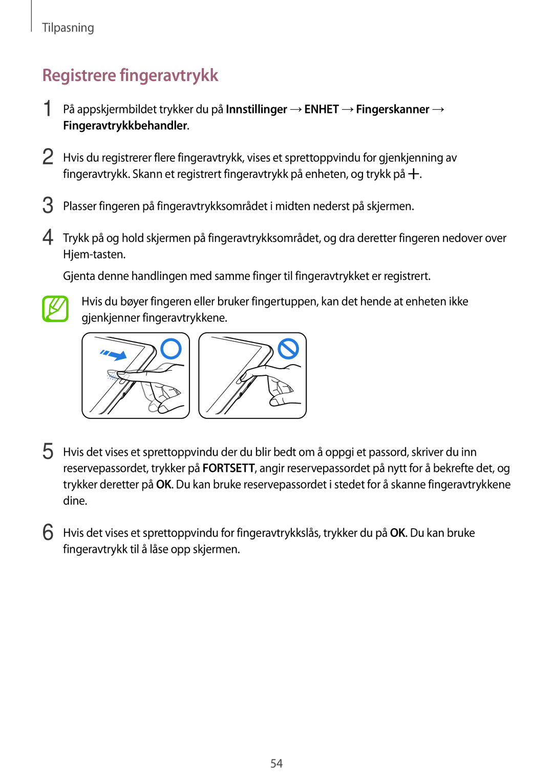 Samsung SM-T700NLSANEE, SM-T700NTSANEE, SM-T700NZWANEE, SM-T700NHAANEE manual Registrere fingeravtrykk, Fingeravtrykkbehandler 