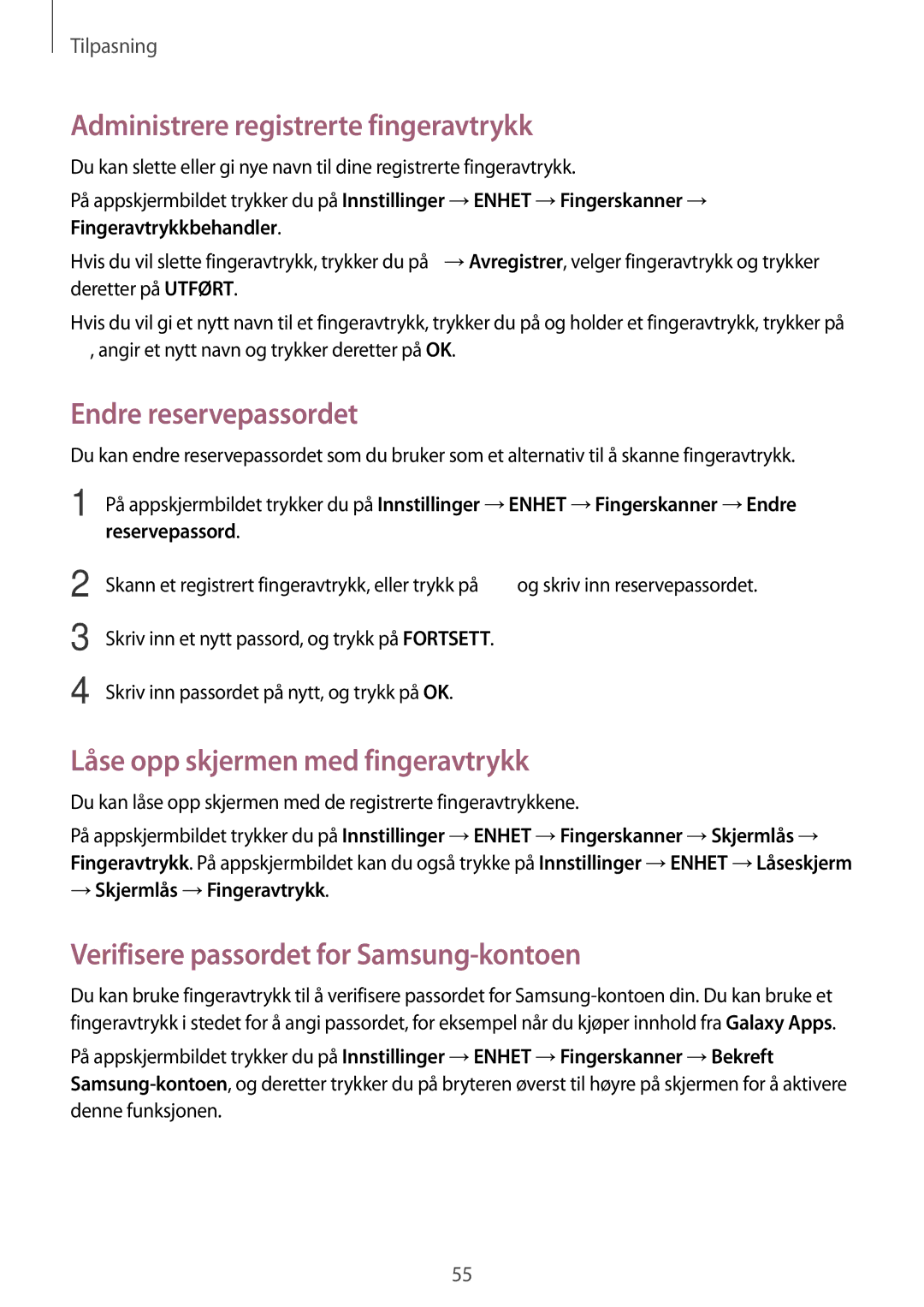 Samsung SM-T700NHAANEE Administrere registrerte fingeravtrykk, Endre reservepassordet, Låse opp skjermen med fingeravtrykk 