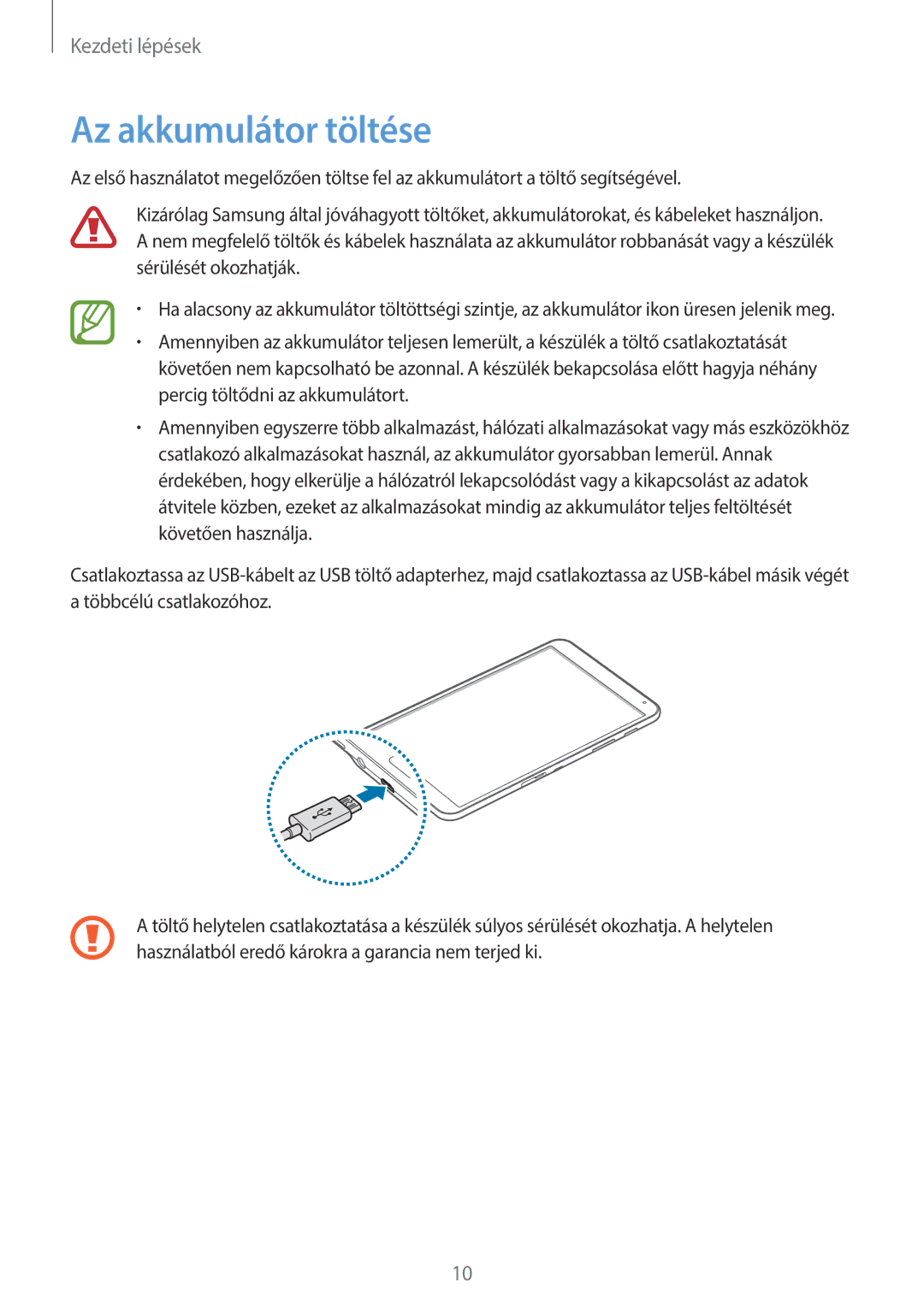 Samsung SM-T700NTSAXEH manual Az akkumulátor töltése 