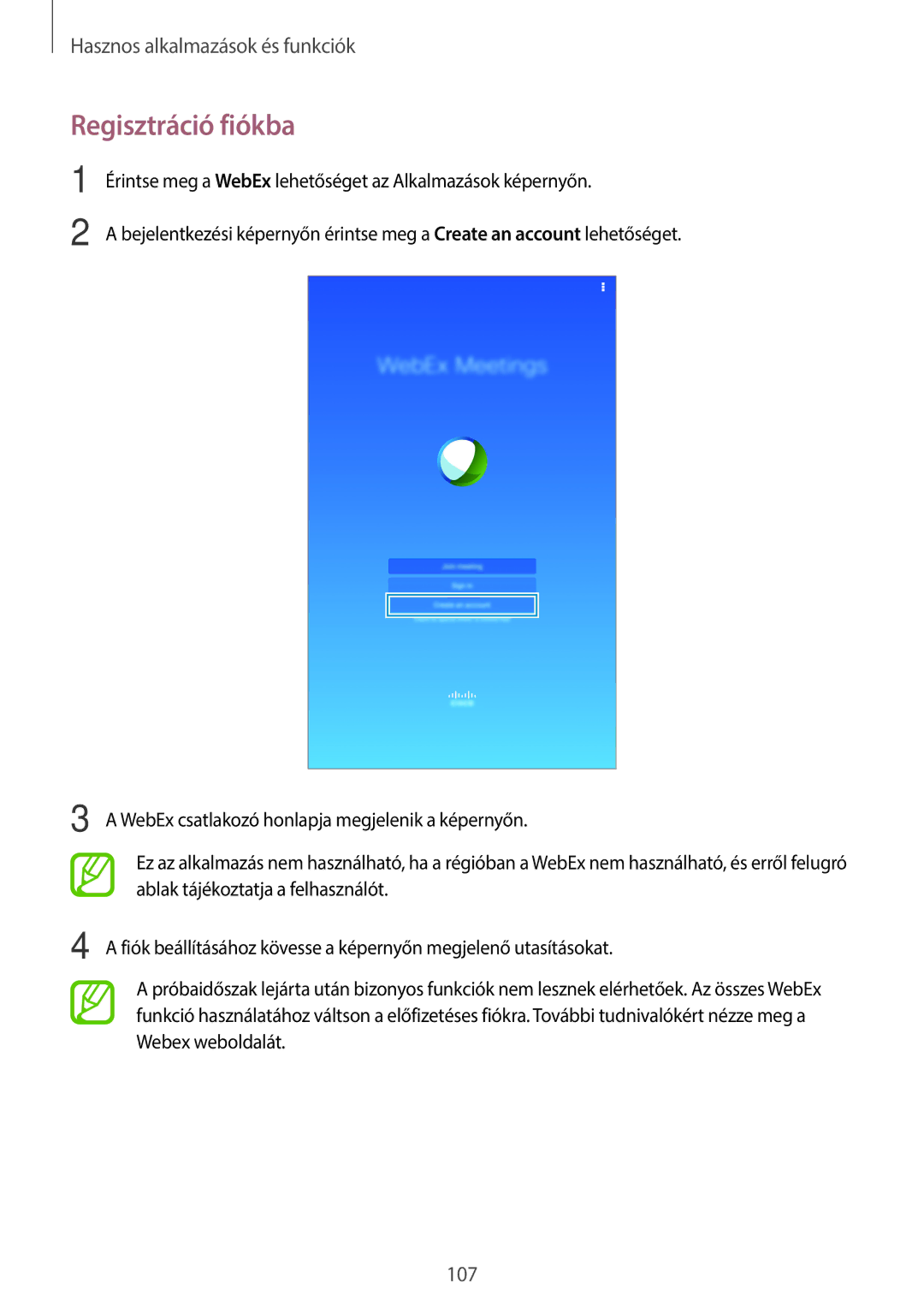 Samsung SM-T700NTSAXEH manual Regisztráció fiókba 