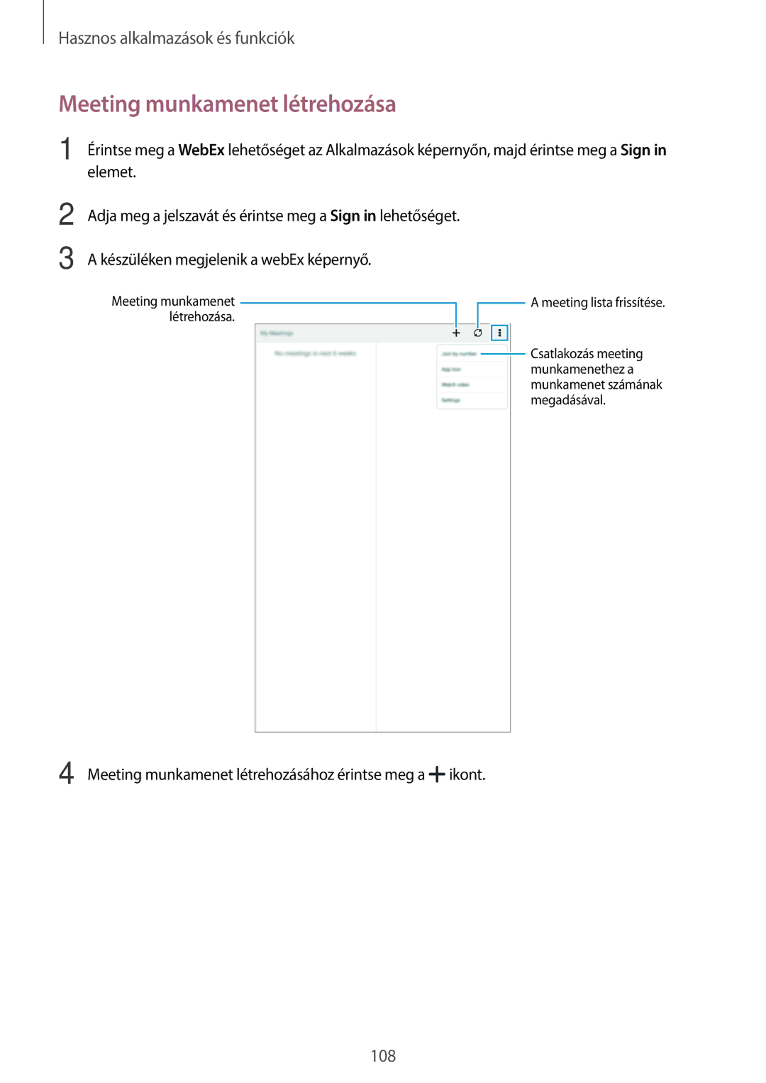 Samsung SM-T700NTSAXEH manual Meeting munkamenet létrehozása 