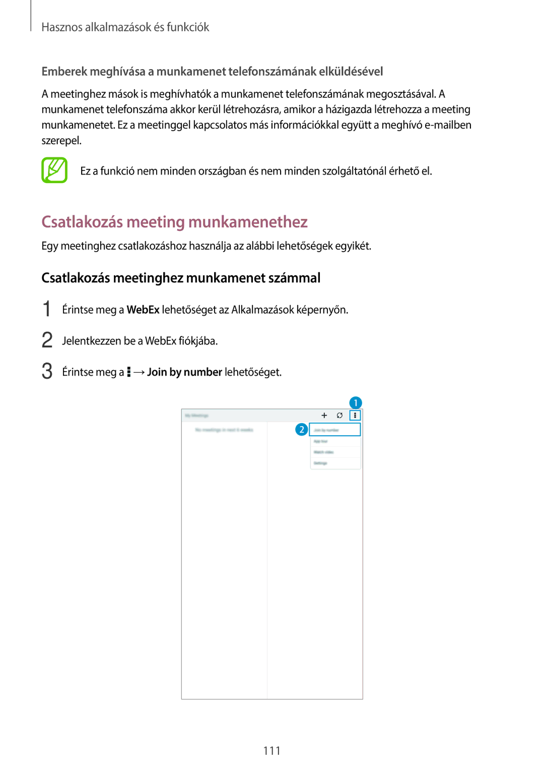 Samsung SM-T700NTSAXEH manual Csatlakozás meeting munkamenethez, Csatlakozás meetinghez munkamenet számmal 