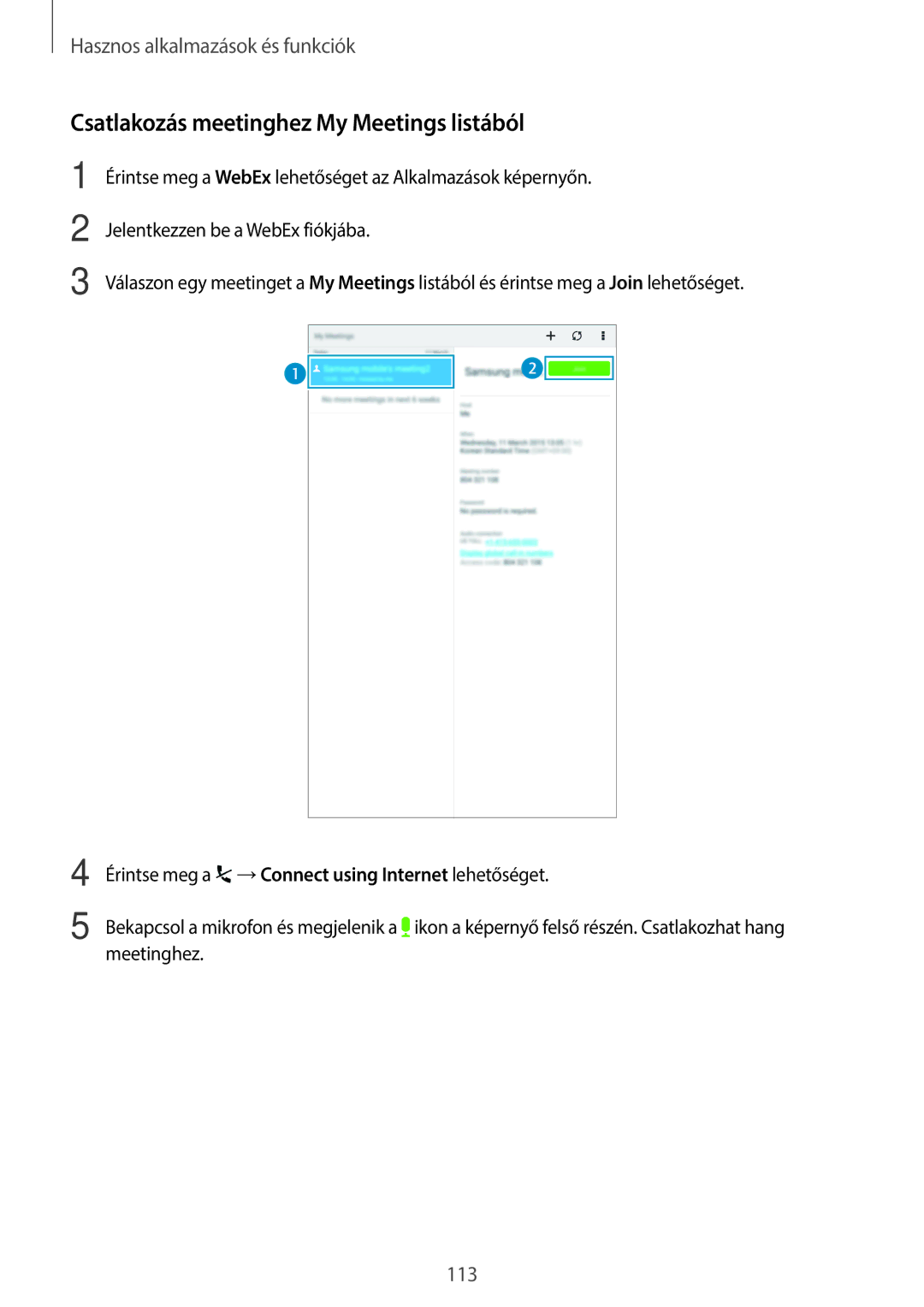 Samsung SM-T700NTSAXEH manual Csatlakozás meetinghez My Meetings listából 
