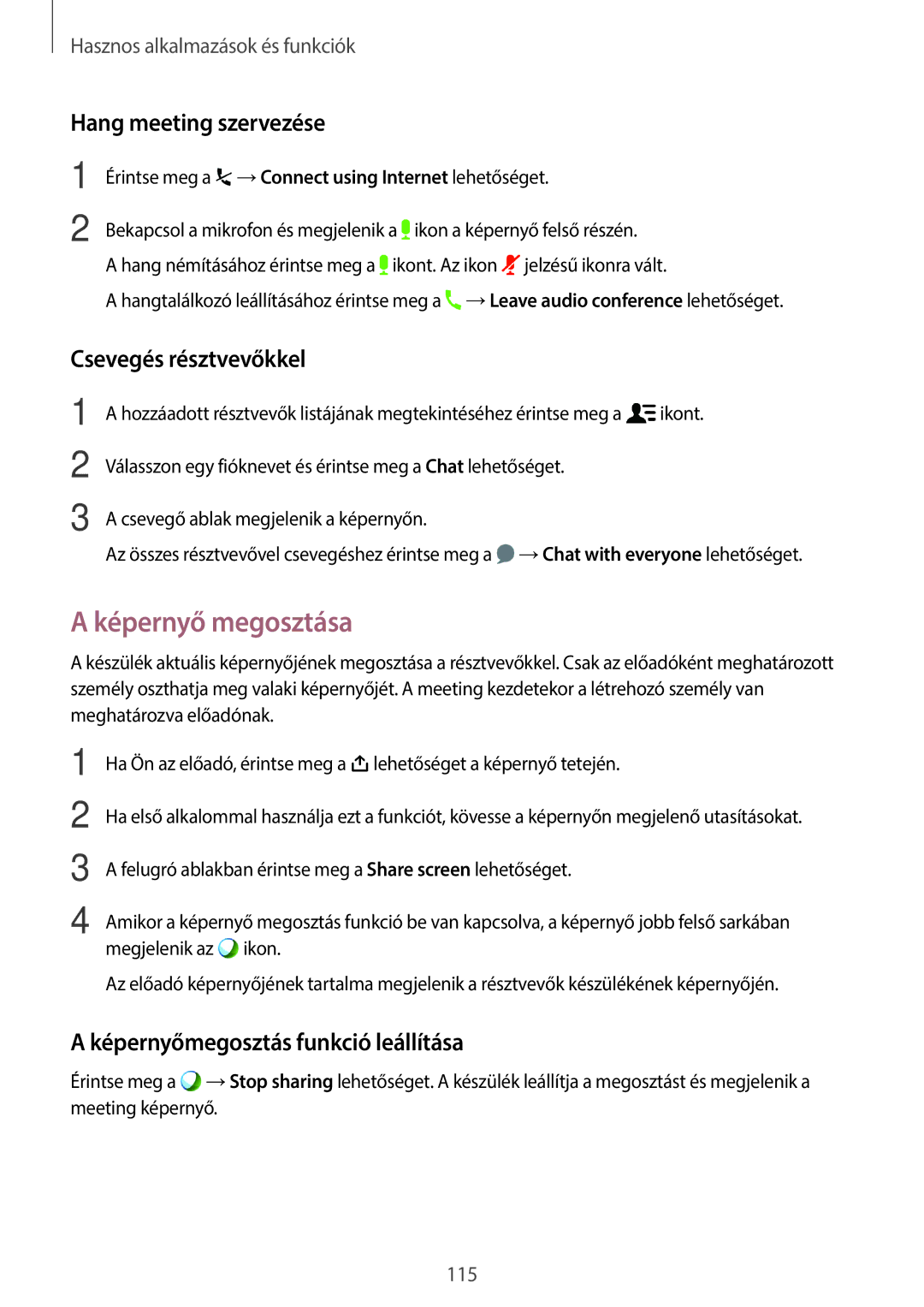 Samsung SM-T700NTSAXEH manual Képernyő megosztása, Hang meeting szervezése, Csevegés résztvevőkkel 