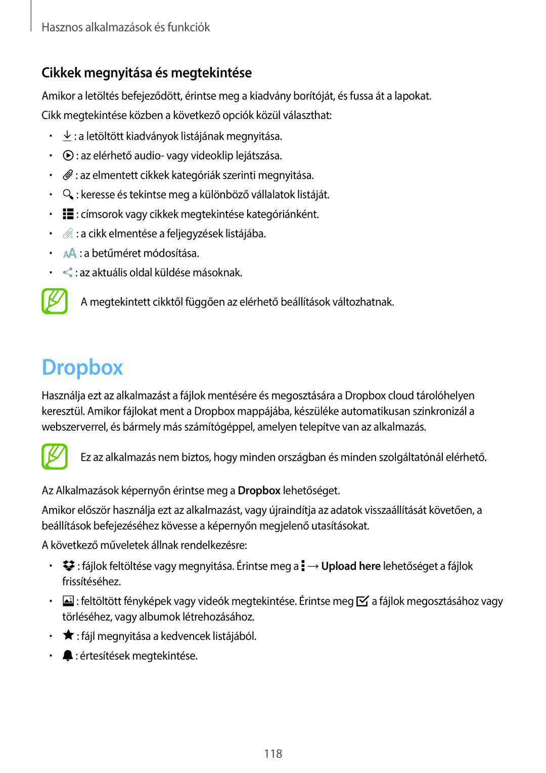 Samsung SM-T700NTSAXEH manual Dropbox, Cikkek megnyitása és megtekintése 