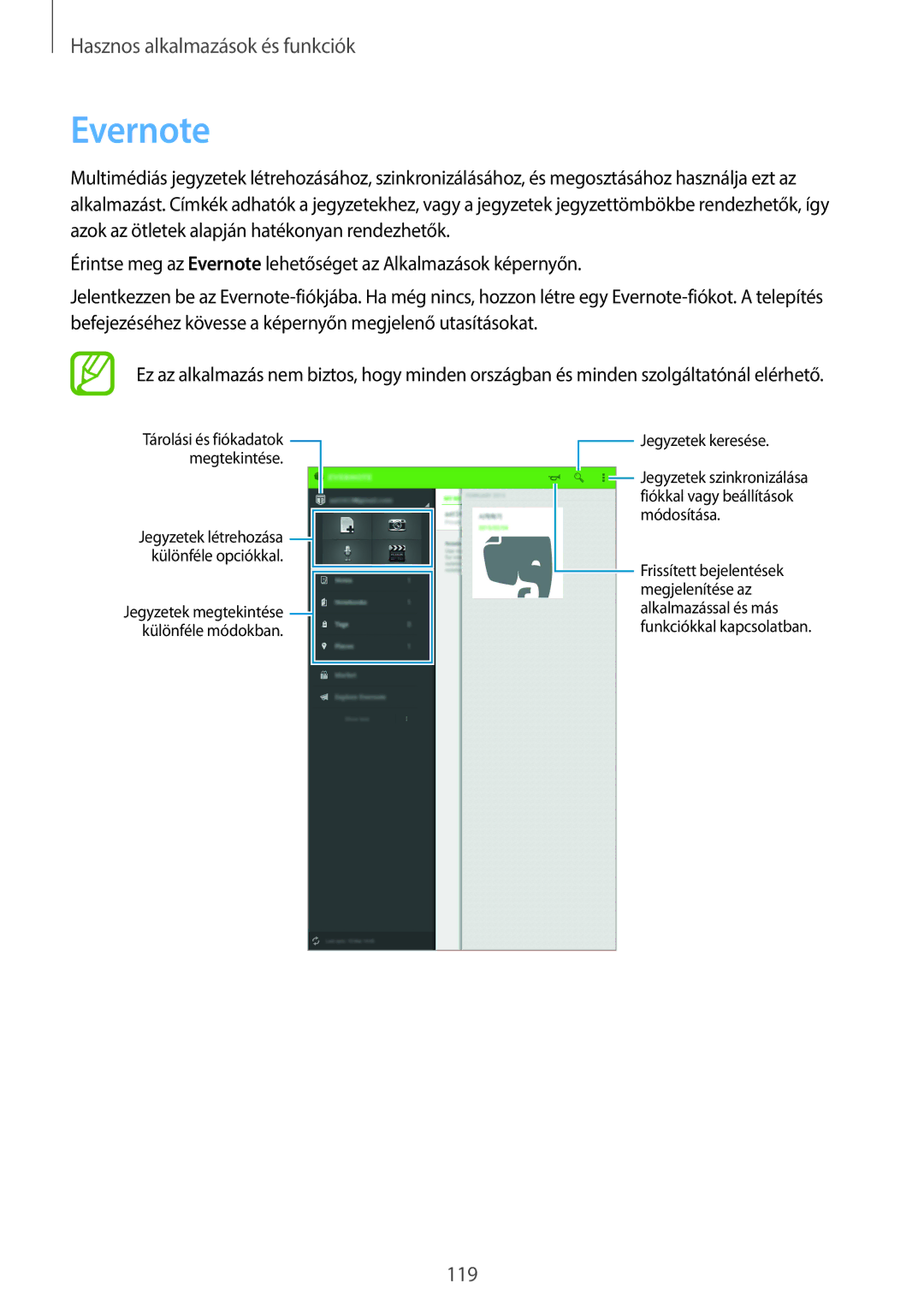 Samsung SM-T700NTSAXEH manual Evernote, Jegyzetek keresése 