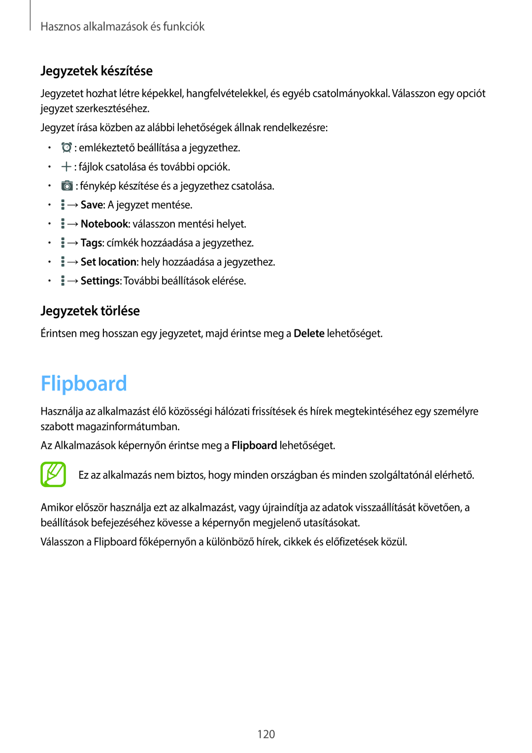 Samsung SM-T700NTSAXEH manual Flipboard, Jegyzetek készítése, Jegyzetek törlése 