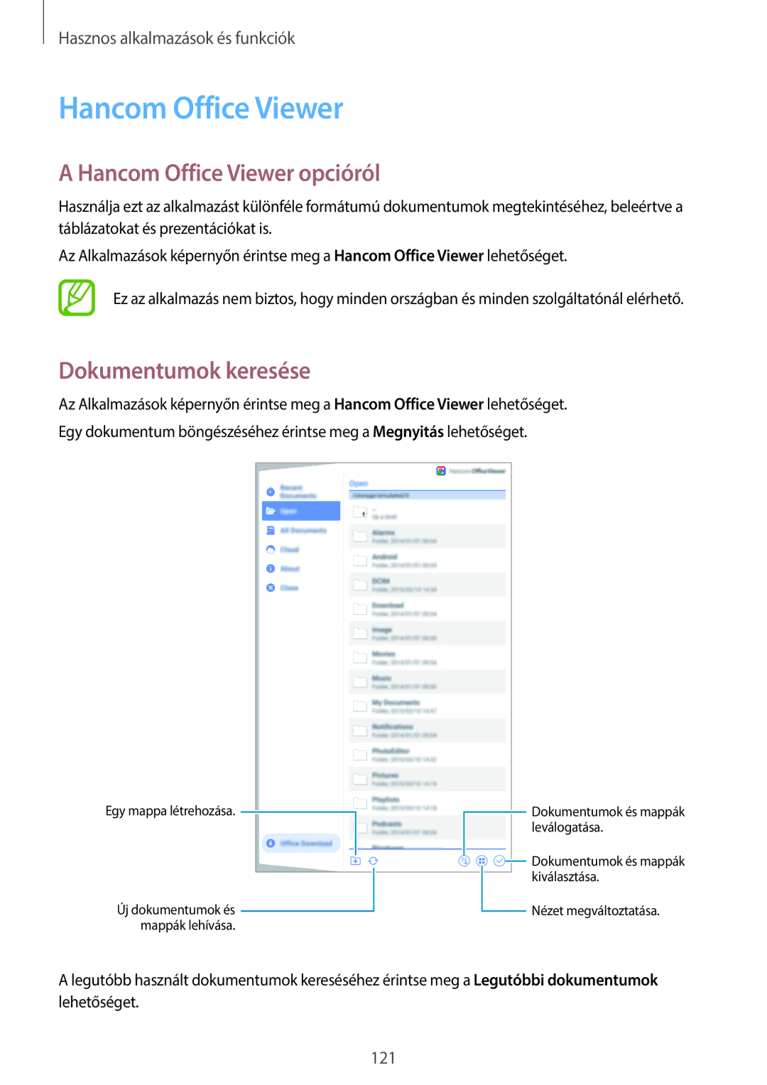 Samsung SM-T700NTSAXEH manual Hancom Office Viewer opcióról, Dokumentumok keresése 