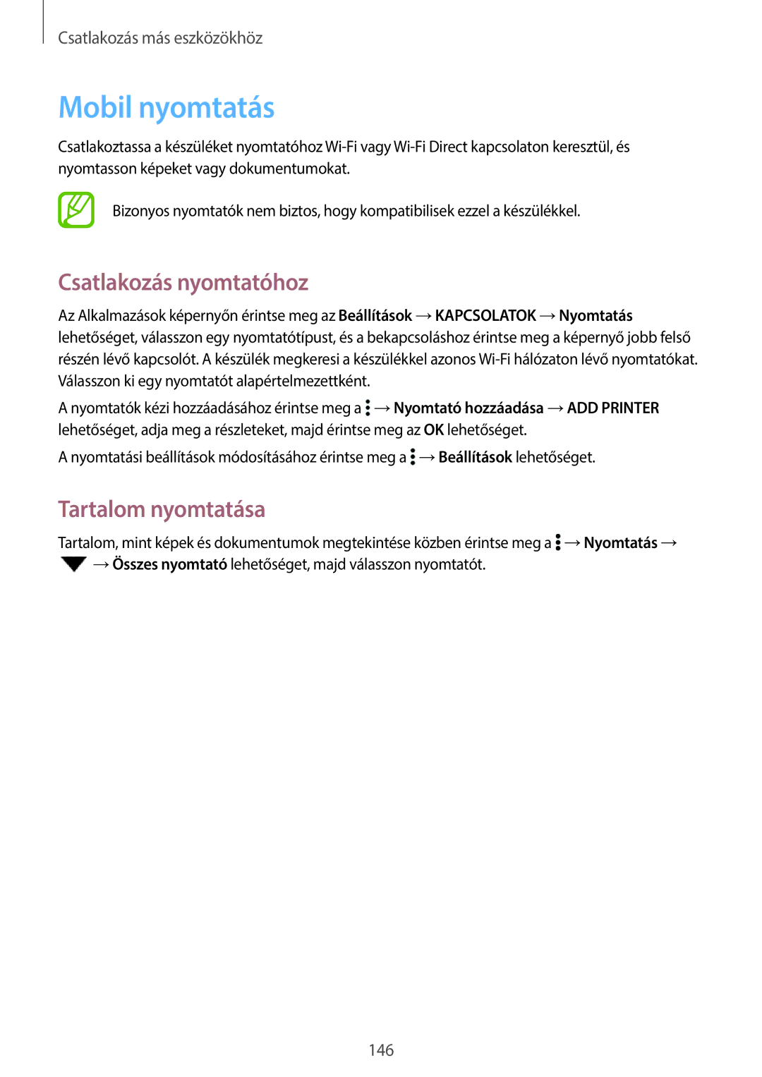 Samsung SM-T700NTSAXEH manual Mobil nyomtatás, Csatlakozás nyomtatóhoz, Tartalom nyomtatása 