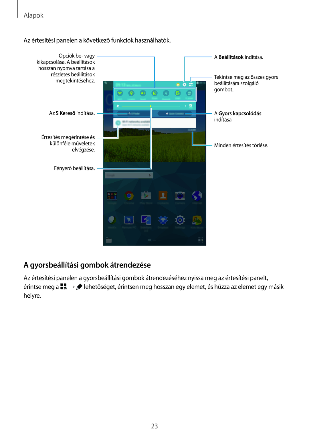 Samsung SM-T700NTSAXEH manual Gyorsbeállítási gombok átrendezése, Az értesítési panelen a következő funkciók használhatók 