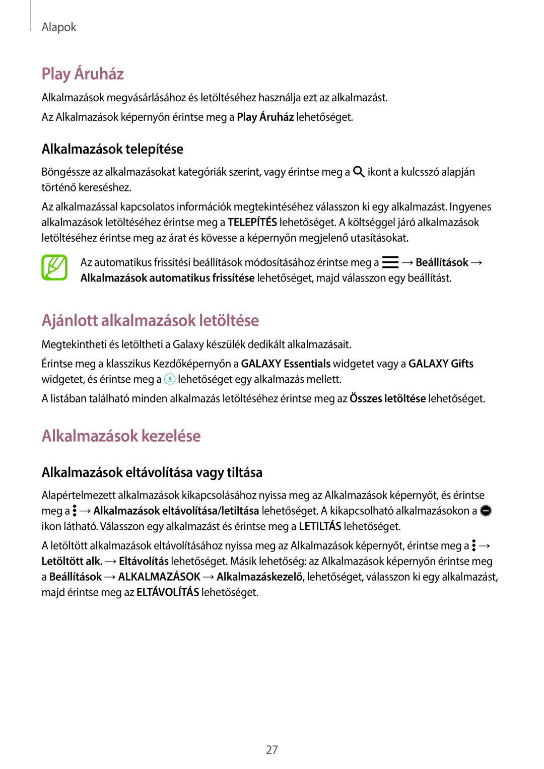 Samsung SM-T700NTSAXEH manual Play Áruház, Ajánlott alkalmazások letöltése, Alkalmazások kezelése 