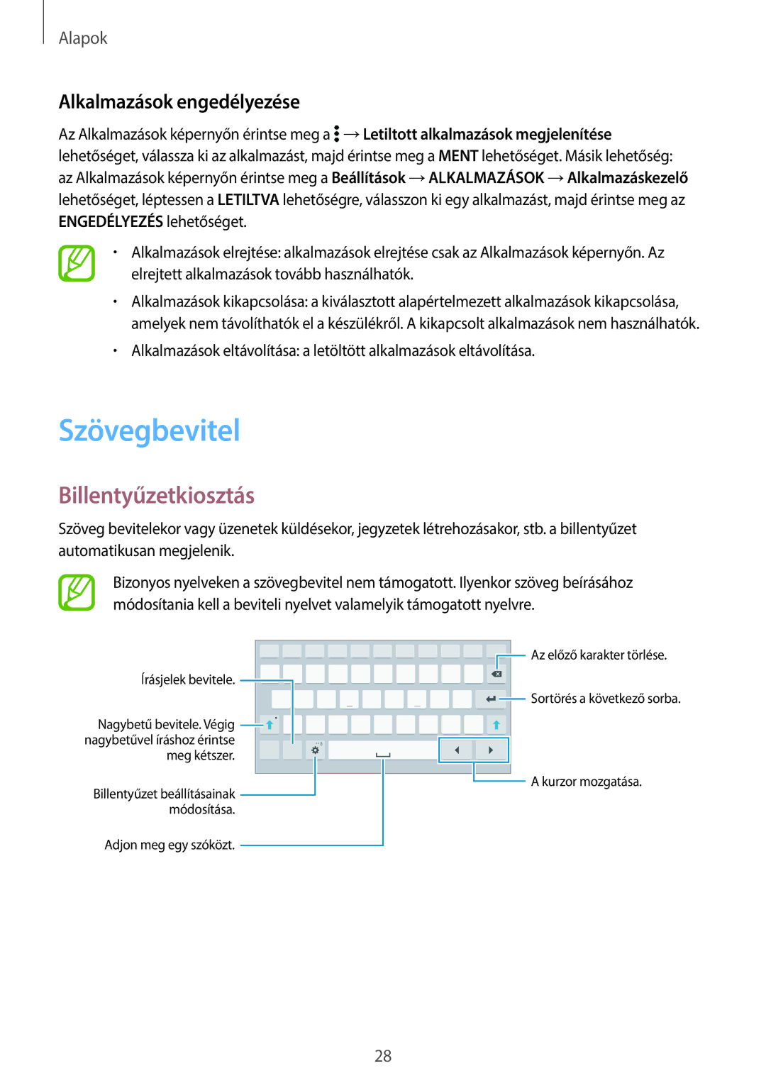 Samsung SM-T700NTSAXEH manual Szövegbevitel, Billentyűzetkiosztás, Alkalmazások engedélyezése 