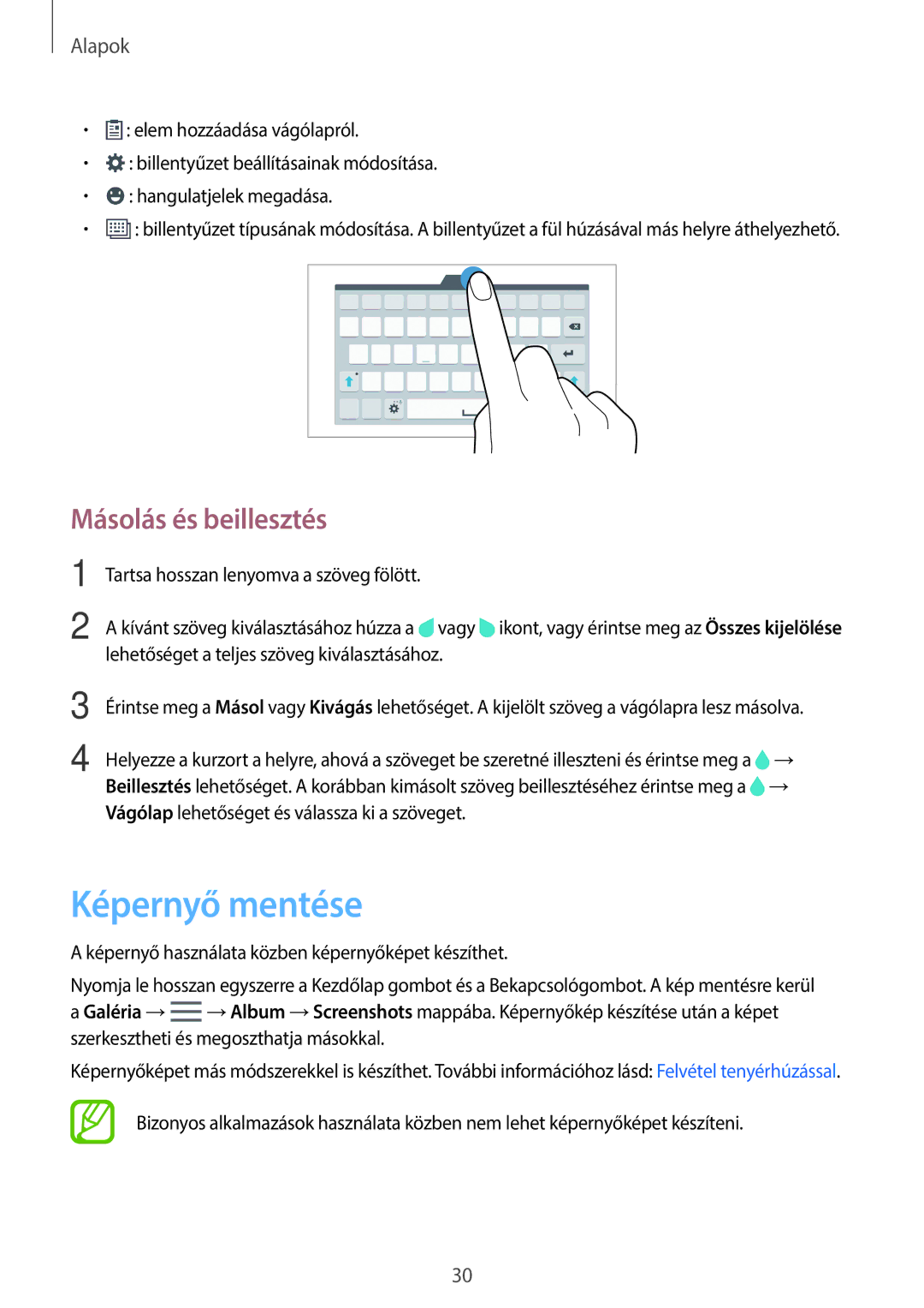 Samsung SM-T700NTSAXEH manual Képernyő mentése, Másolás és beillesztés 