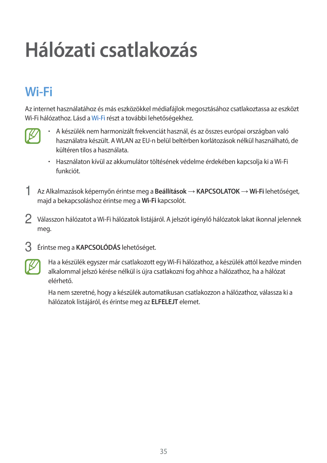 Samsung SM-T700NTSAXEH manual Hálózati csatlakozás, Wi-Fi 