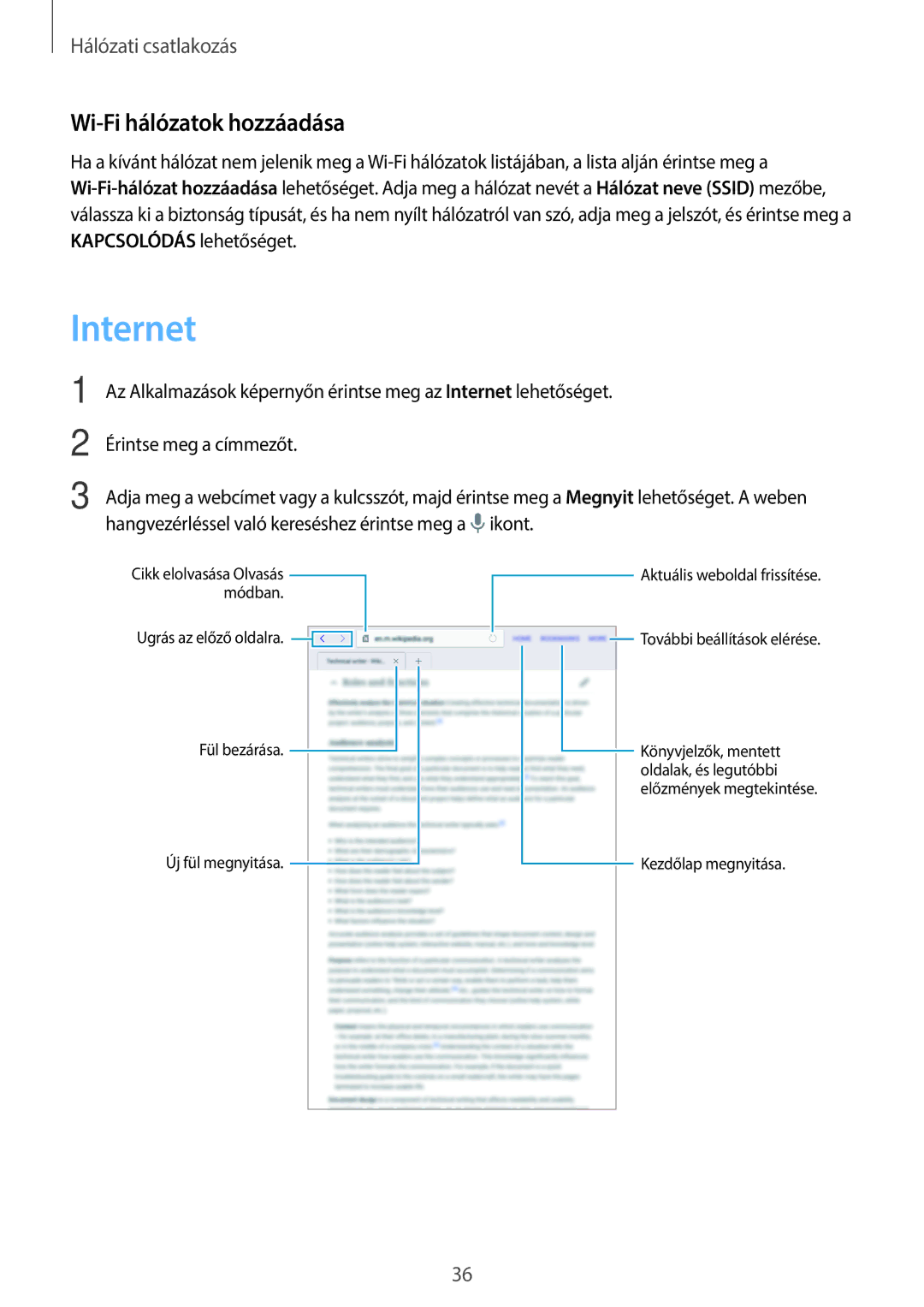 Samsung SM-T700NTSAXEH manual Internet, Wi-Fi hálózatok hozzáadása 