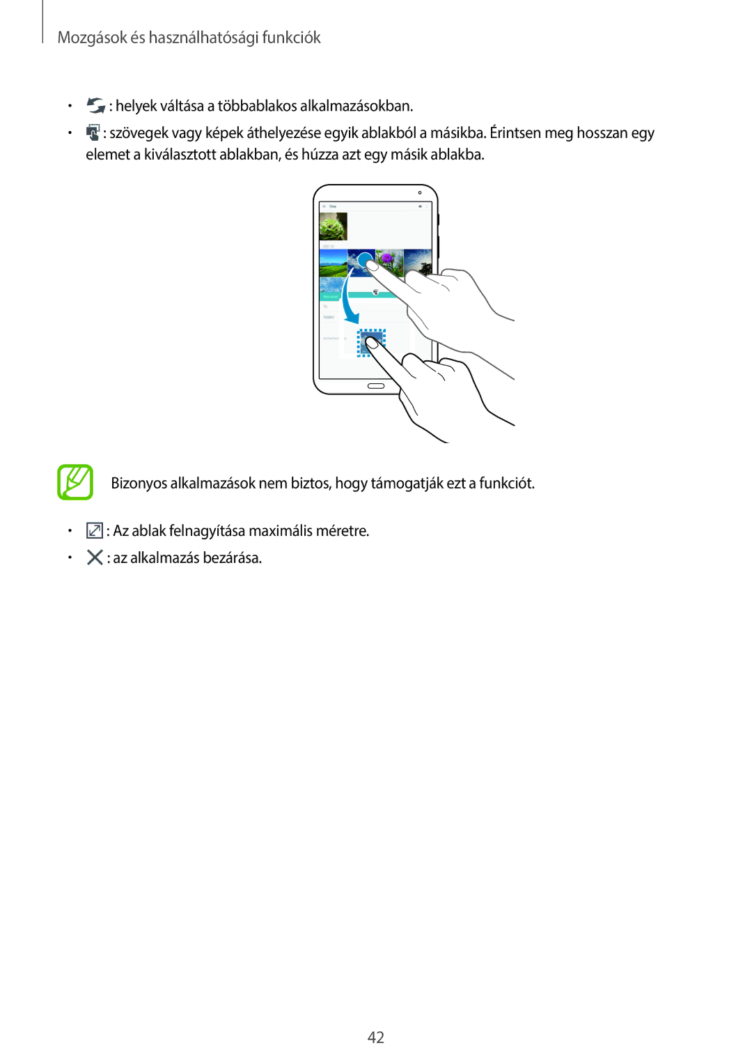 Samsung SM-T700NTSAXEH manual Mozgások és használhatósági funkciók 