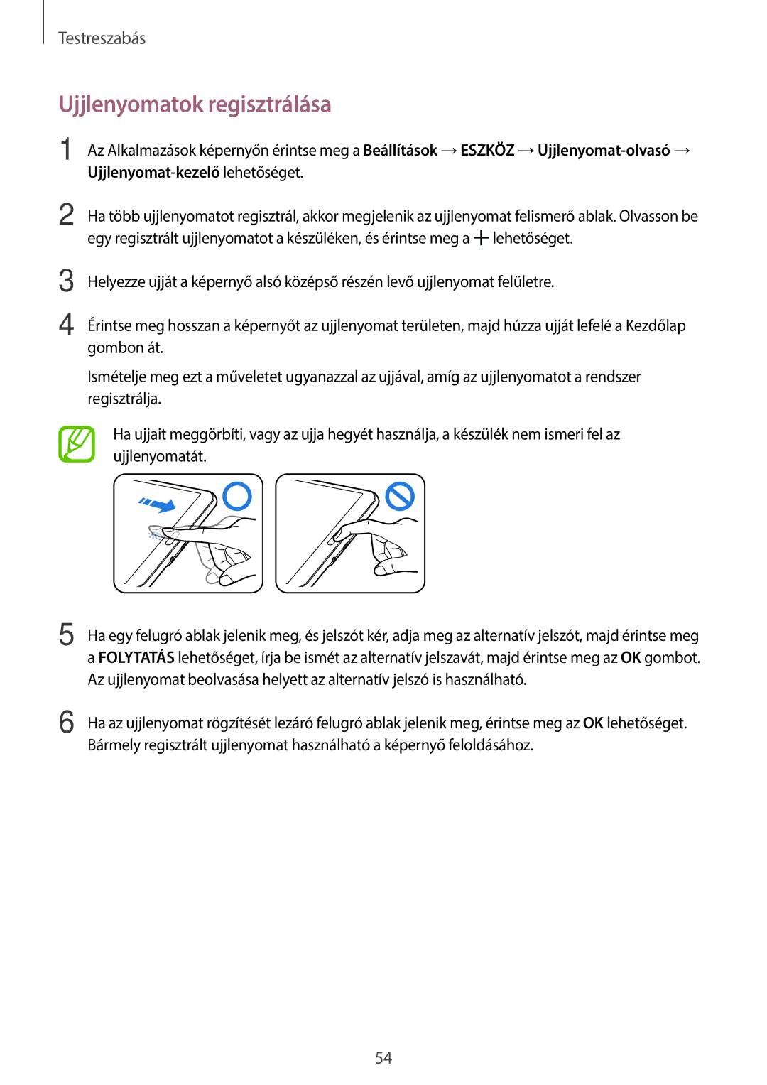 Samsung SM-T700NTSAXEH manual Ujjlenyomatok regisztrálása 