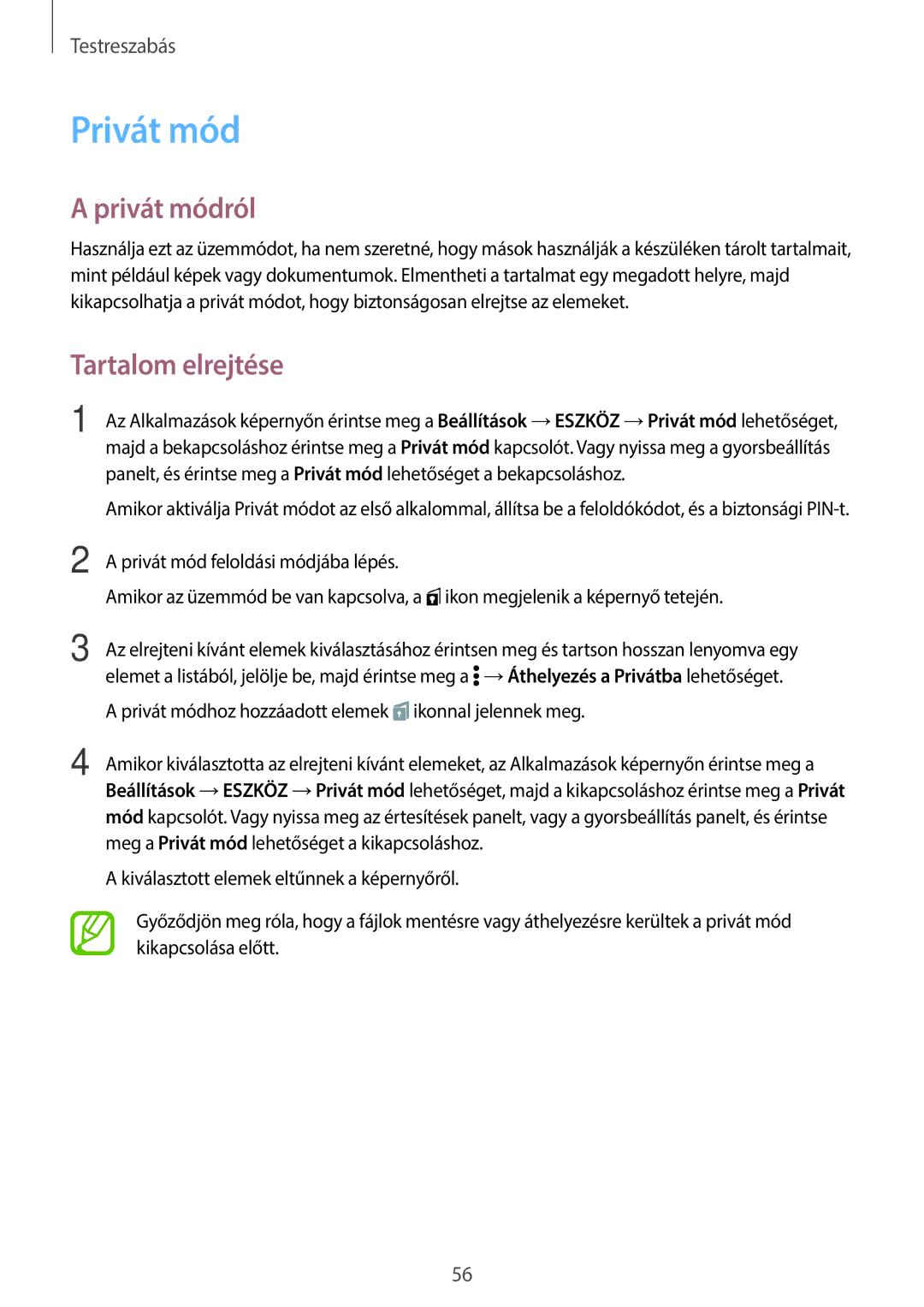 Samsung SM-T700NTSAXEH manual Privát módról, Tartalom elrejtése 