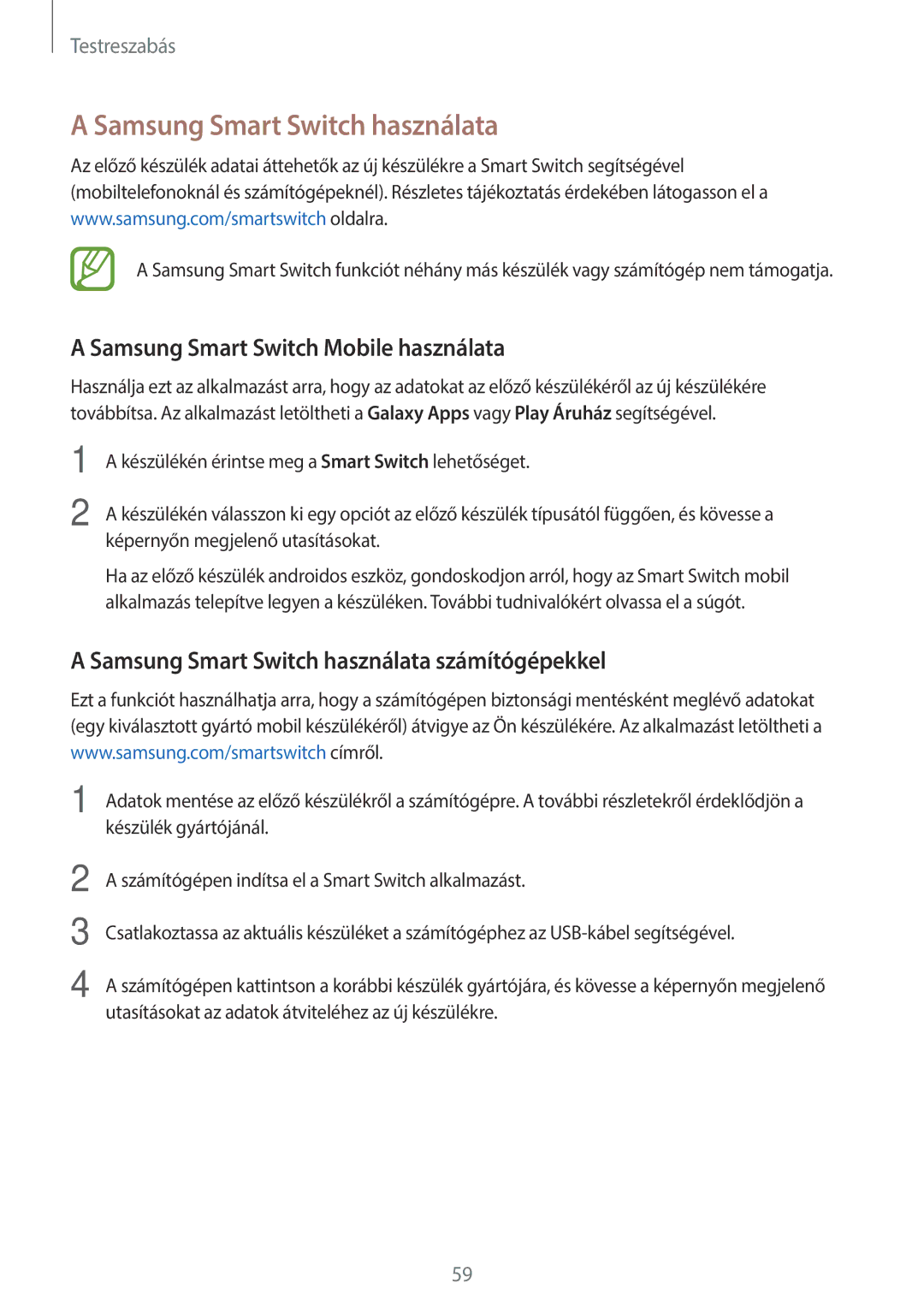 Samsung SM-T700NTSAXEH manual Samsung Smart Switch használata, Samsung Smart Switch Mobile használata 