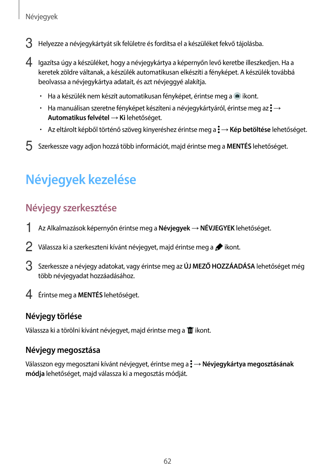 Samsung SM-T700NTSAXEH manual Névjegyek kezelése, Névjegy szerkesztése, Névjegy törlése, Névjegy megosztása 