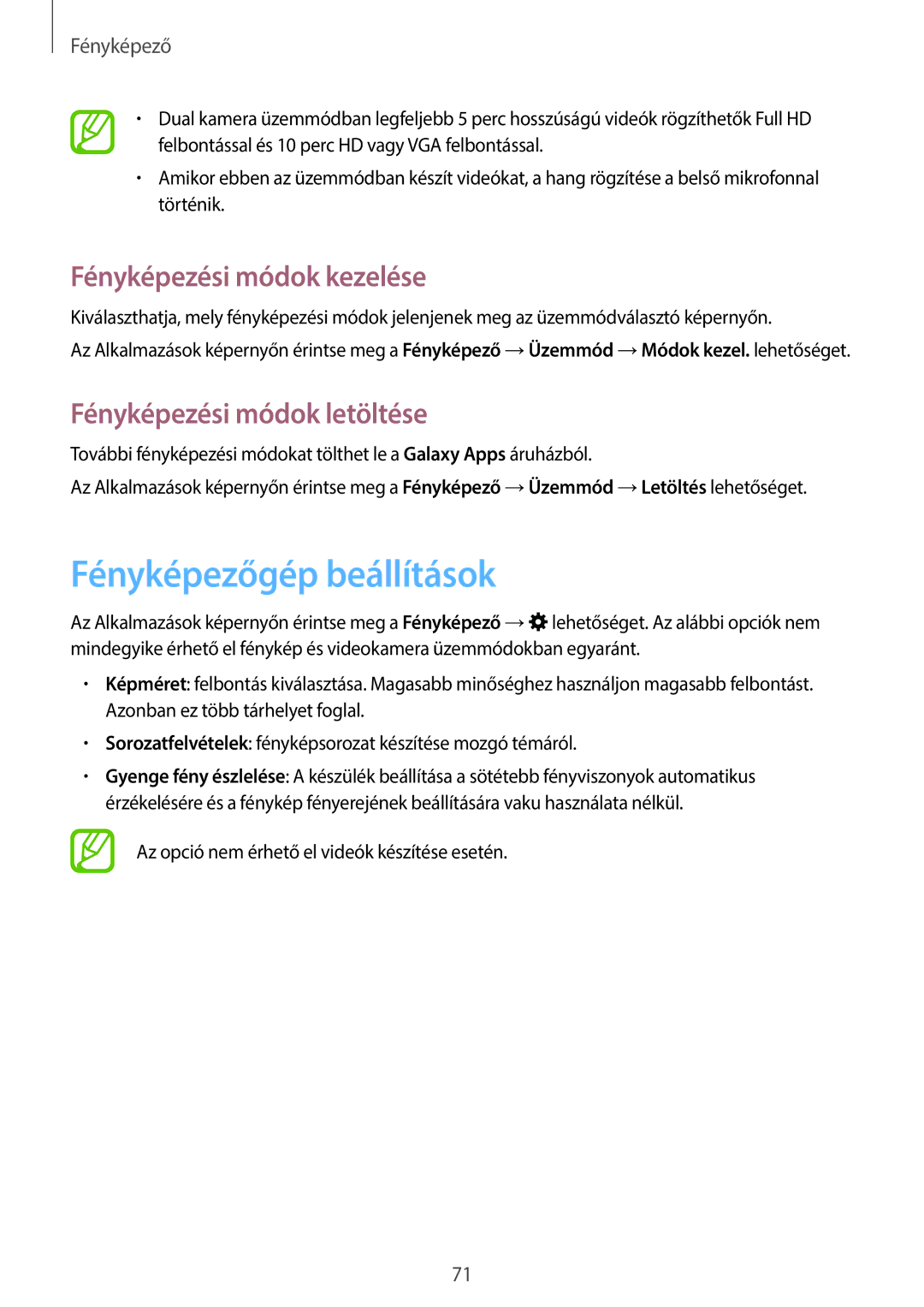 Samsung SM-T700NTSAXEH manual Fényképezőgép beállítások, Fényképezési módok kezelése, Fényképezési módok letöltése 