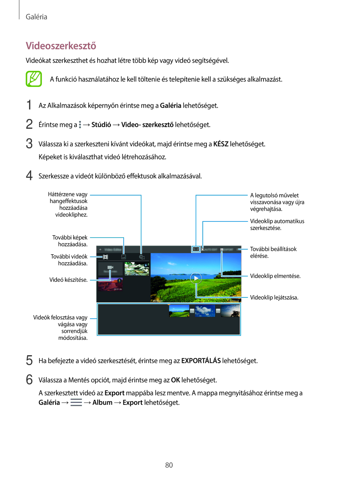 Samsung SM-T700NTSAXEH manual Videoszerkesztő 