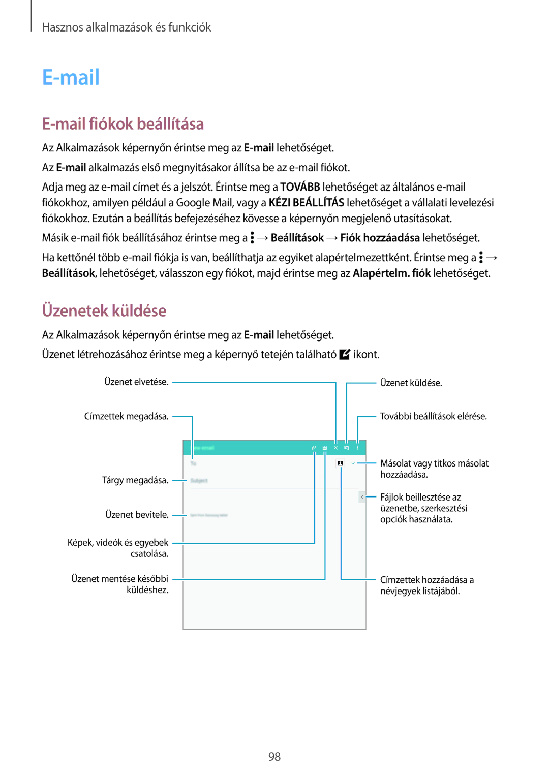 Samsung SM-T700NTSAXEH manual Mail fiókok beállítása, Üzenetek küldése 