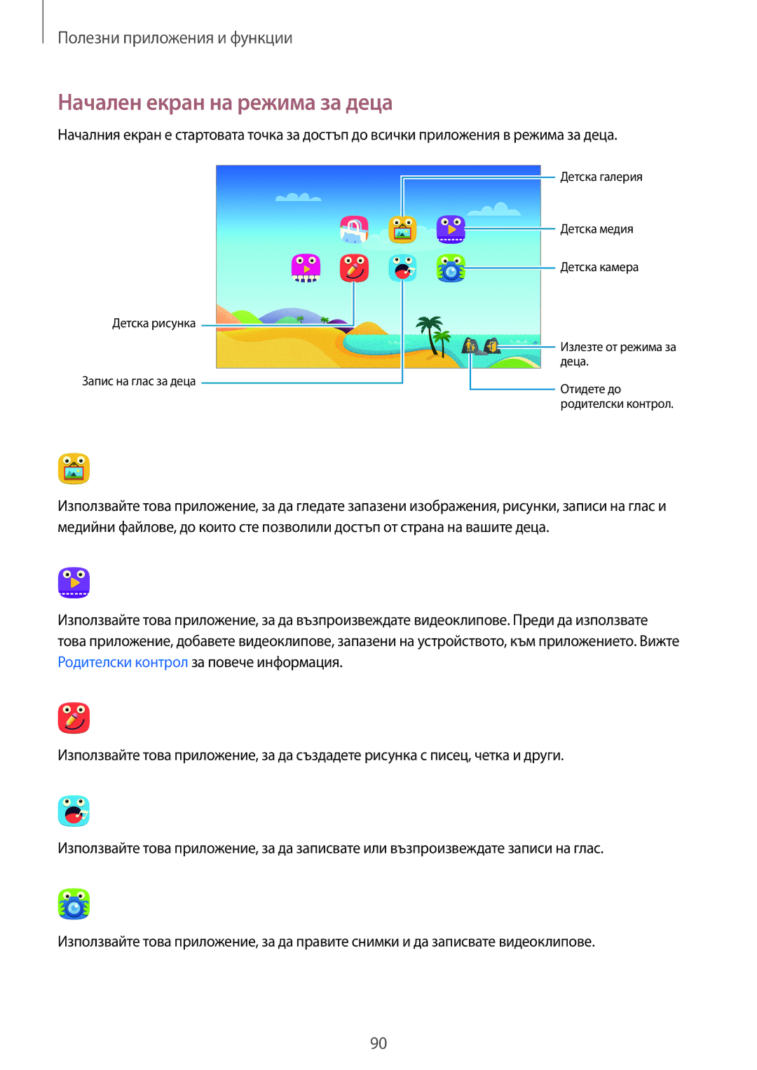 Samsung SM-T700NZWABGL, SM-T700NTSABGL manual Начален екран на режима за деца 