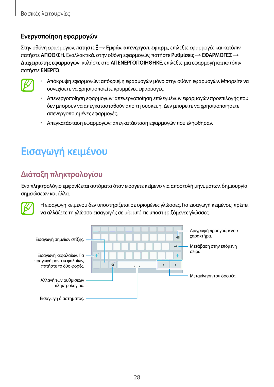 Samsung SM-T700NZWAEUR, SM-T700NTSAEUR manual Εισαγωγή κειμένου, Διάταξη πληκτρολογίου, Ενεργοποίηση εφαρμογών 