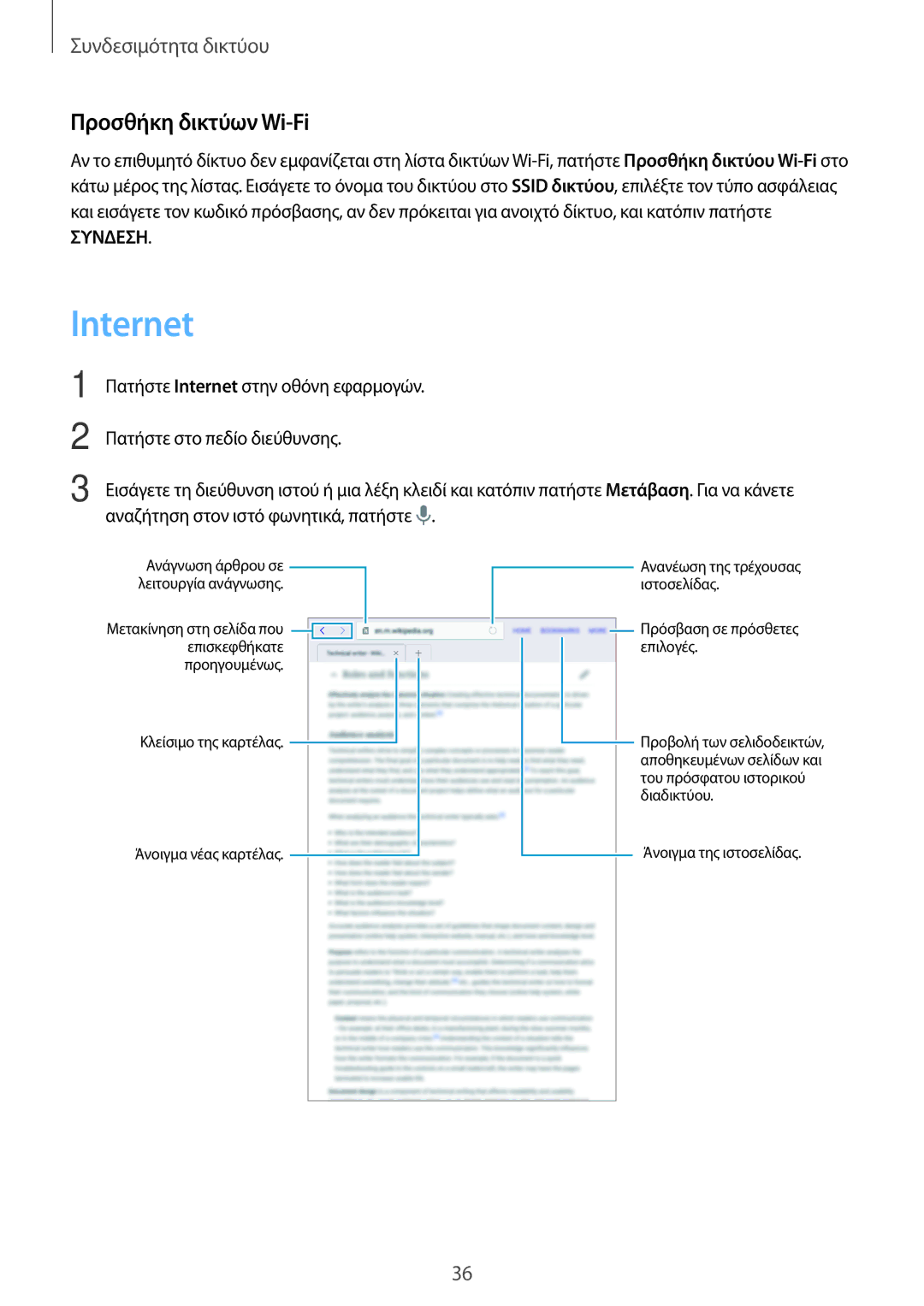 Samsung SM-T700NZWAEUR, SM-T700NTSAEUR manual Internet, Προσθήκη δικτύων Wi-Fi 