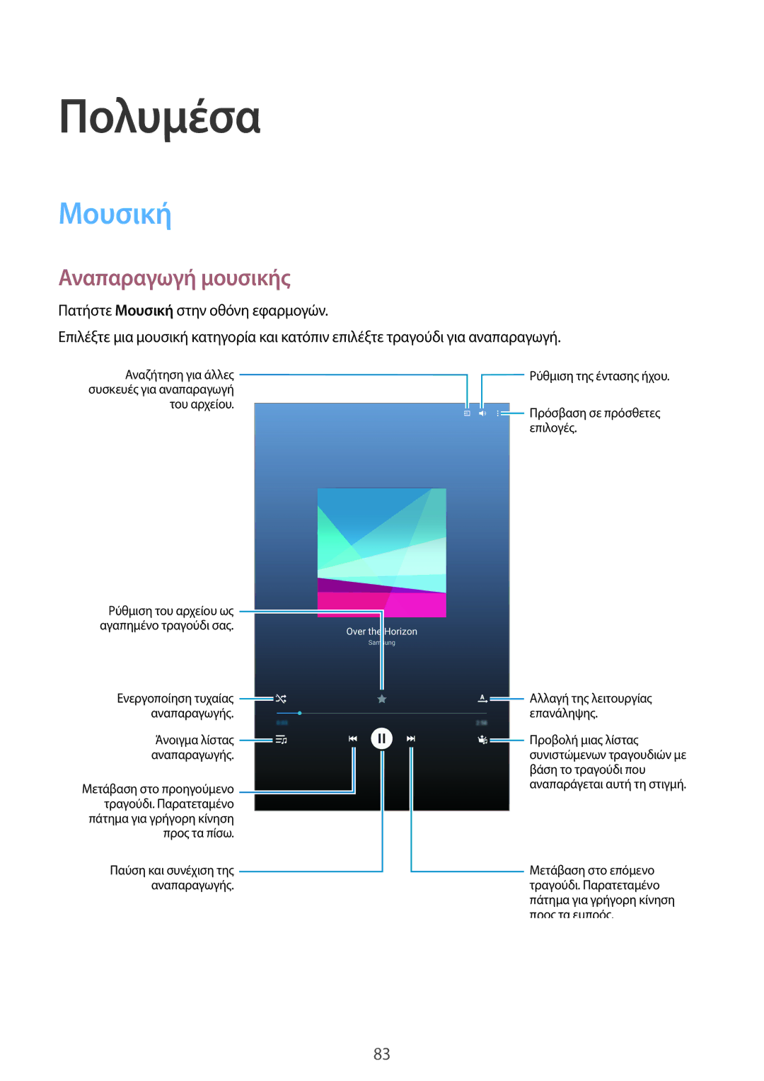 Samsung SM-T700NTSAEUR, SM-T700NZWAEUR manual Πολυμέσα, Μουσική, Αναπαραγωγή μουσικής 