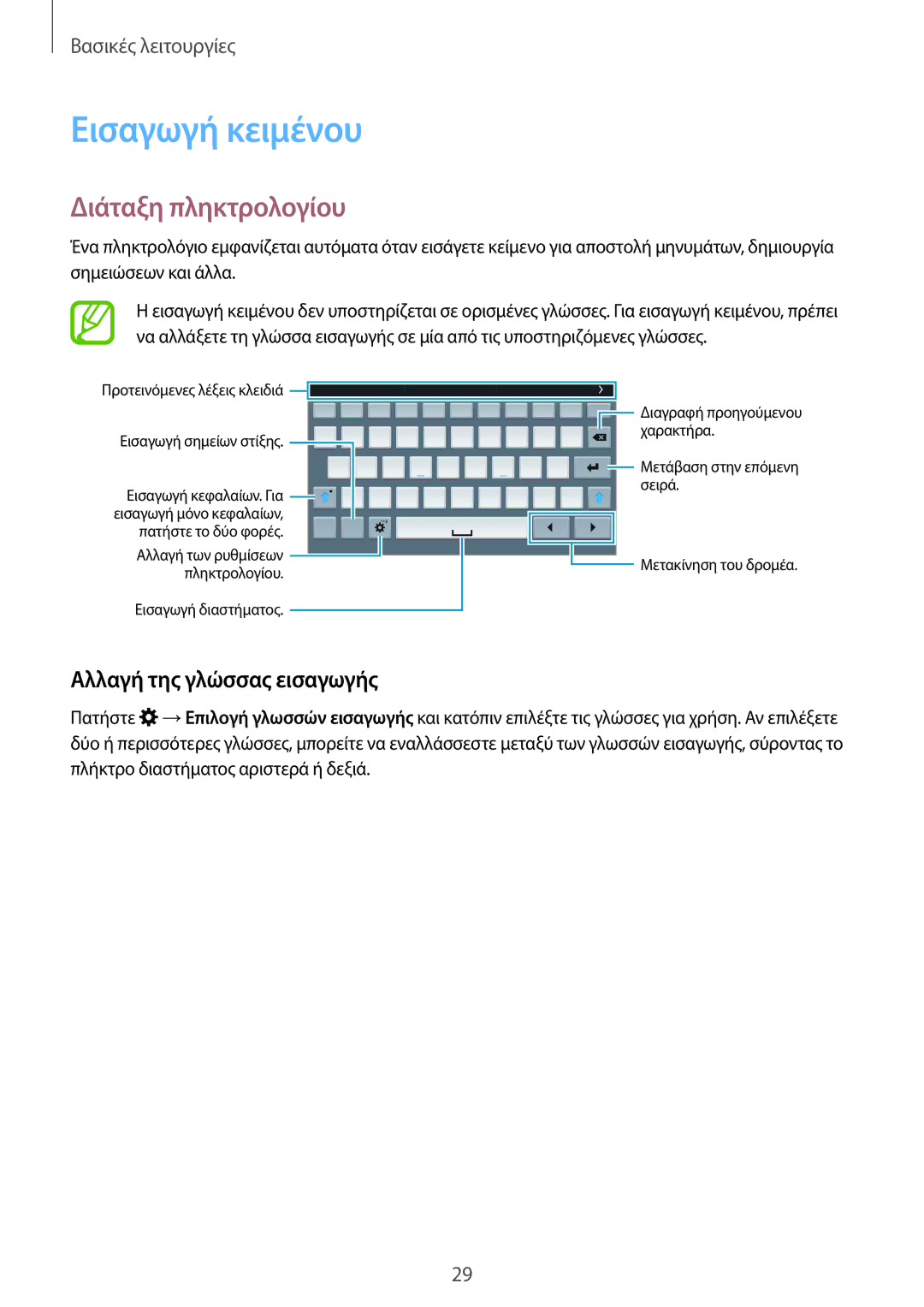 Samsung SM-T700NTSAEUR, SM-T700NZWAEUR manual Εισαγωγή κειμένου, Διάταξη πληκτρολογίου, Αλλαγή της γλώσσας εισαγωγής 